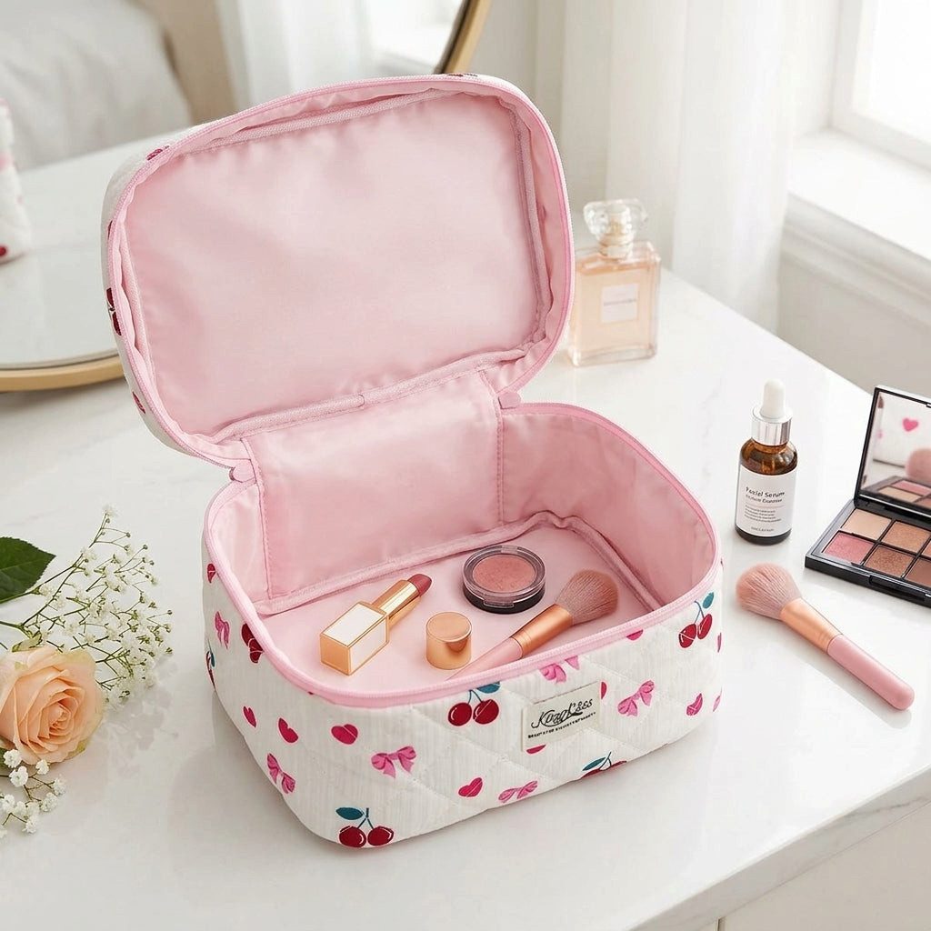 H-basics Kosmetikkoffer Kirschen-Design gesteppt Weiß-Rosa 16x16x25 cm