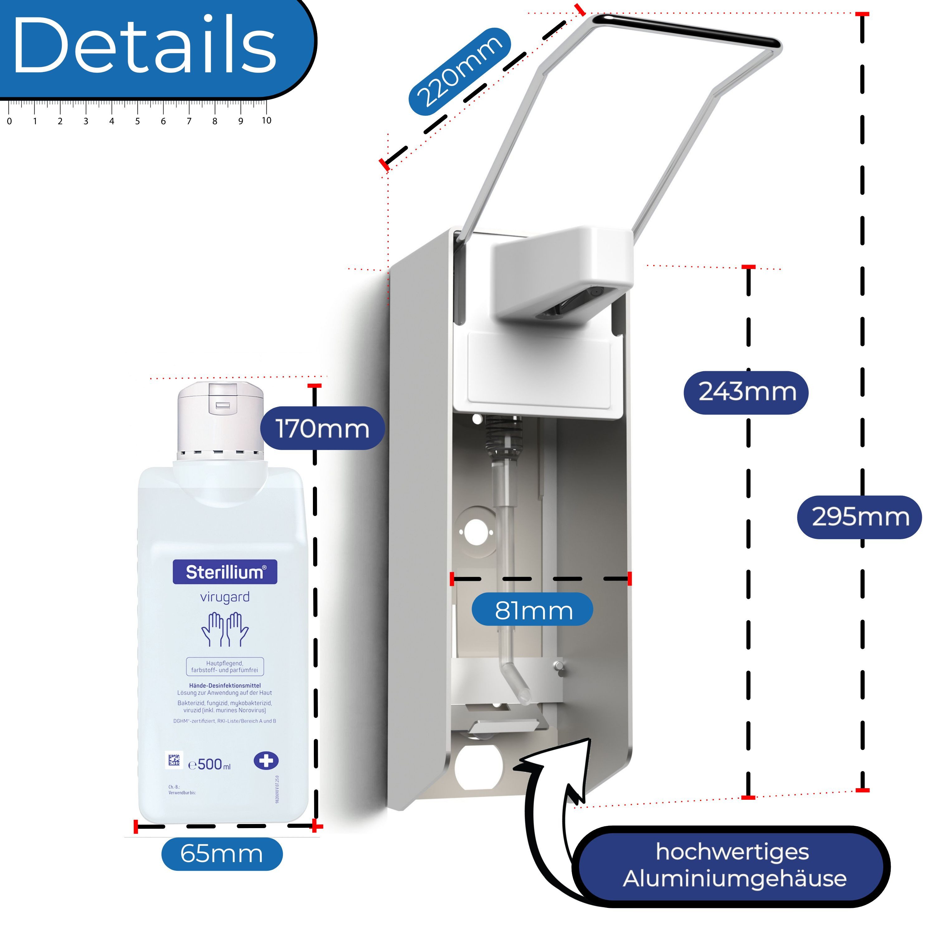Horn Medical Horn Medical Langarm-Wandspender inkl. 500ml Sterillium Virugard Hand-Desinfektionsmittel (langer Bedienhebel, [- hochwirksame Desinfektionslösung, einfache Bedienung, schneller Flaschenwechsel)