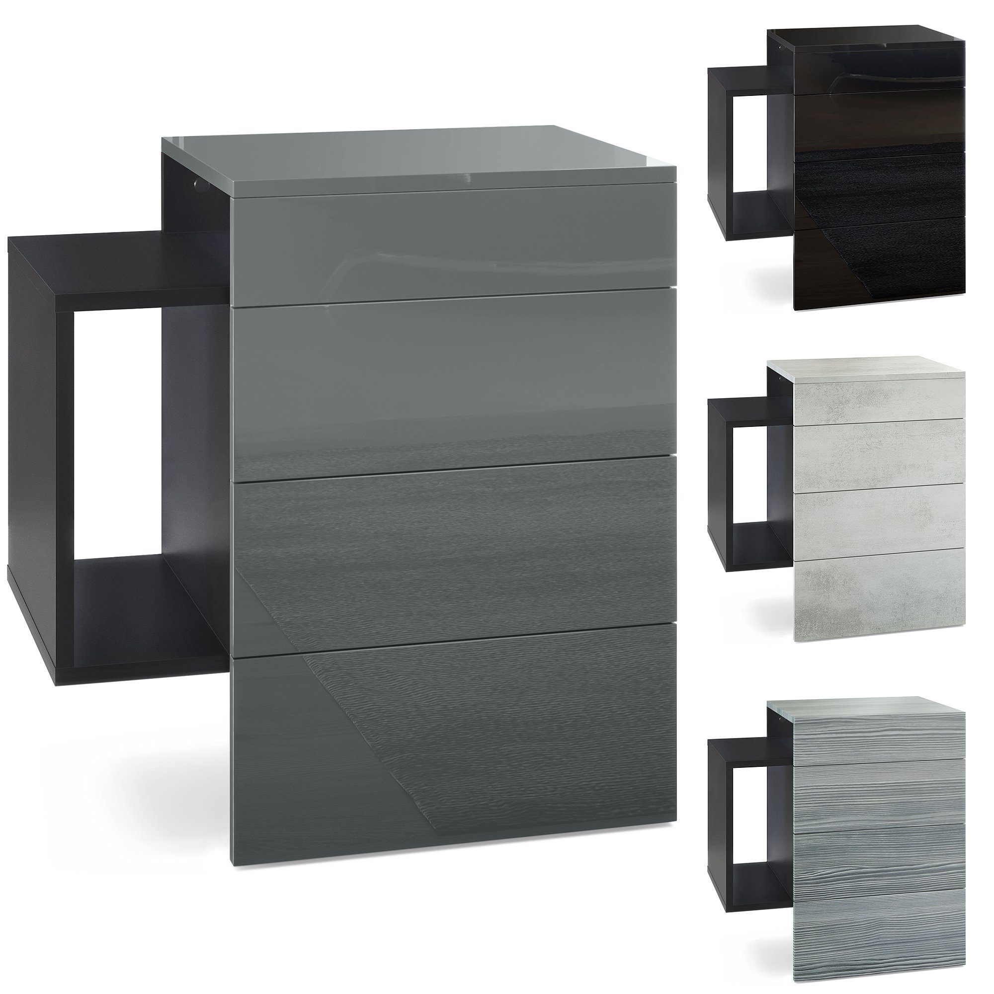Vladon Nachttisch Queens (Nachttischschrank mit 2 Schubladen, und 1 seitlichem Fach zur Wandmontage), Schwarz matt/Brombeer Hochglanz (60 x 63 x 36 cm)