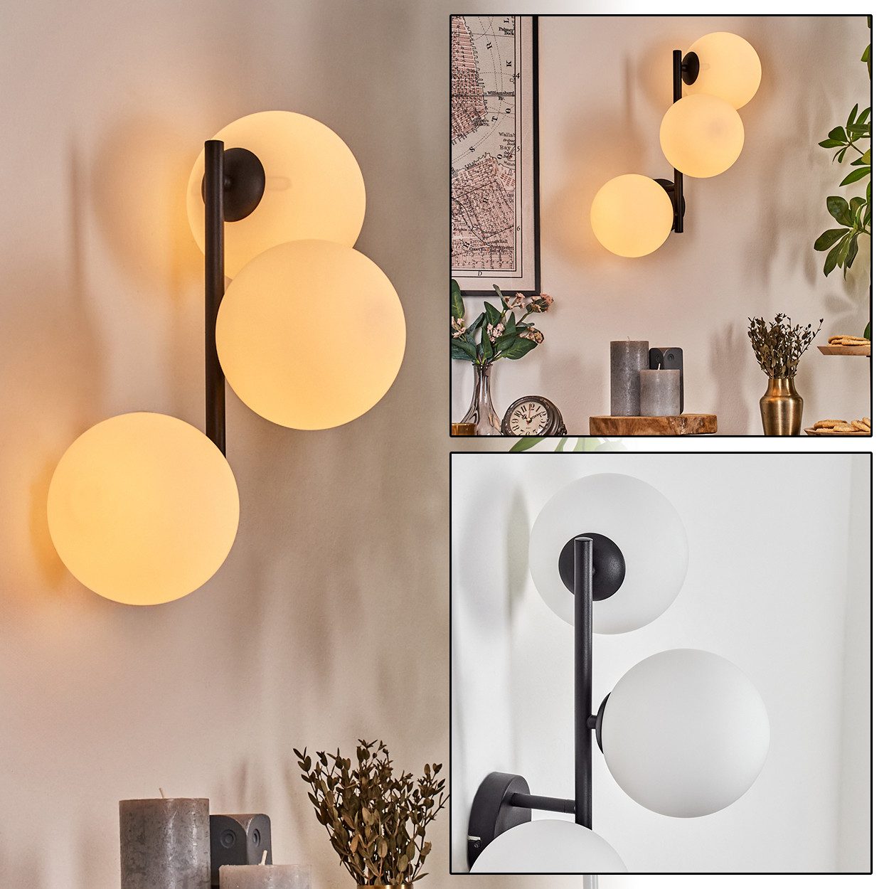 hofstein Wandleuchte Wandlampe aus Metall/Glas in Schwarz/Weiß, moderne Leuchte im Retro/Vintage-Design (15 cm), E14, Wohnzimmer