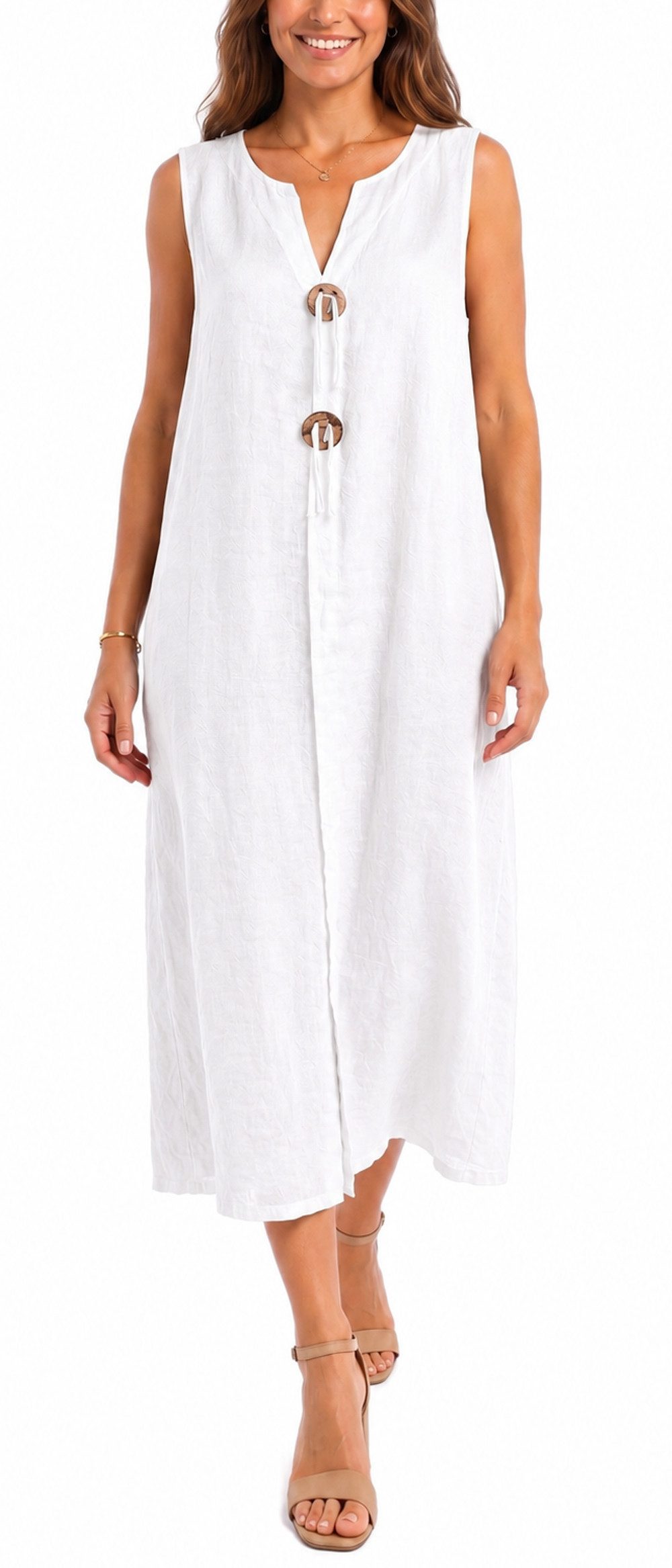 dy_mode Sommerkleid Damen Leinenkleid Luftiges Maxi Sommerkleid Strandkleid Damenkleid in Unifarbe, V-Ausschnitt, mit seitlichen Eingriffstaschen