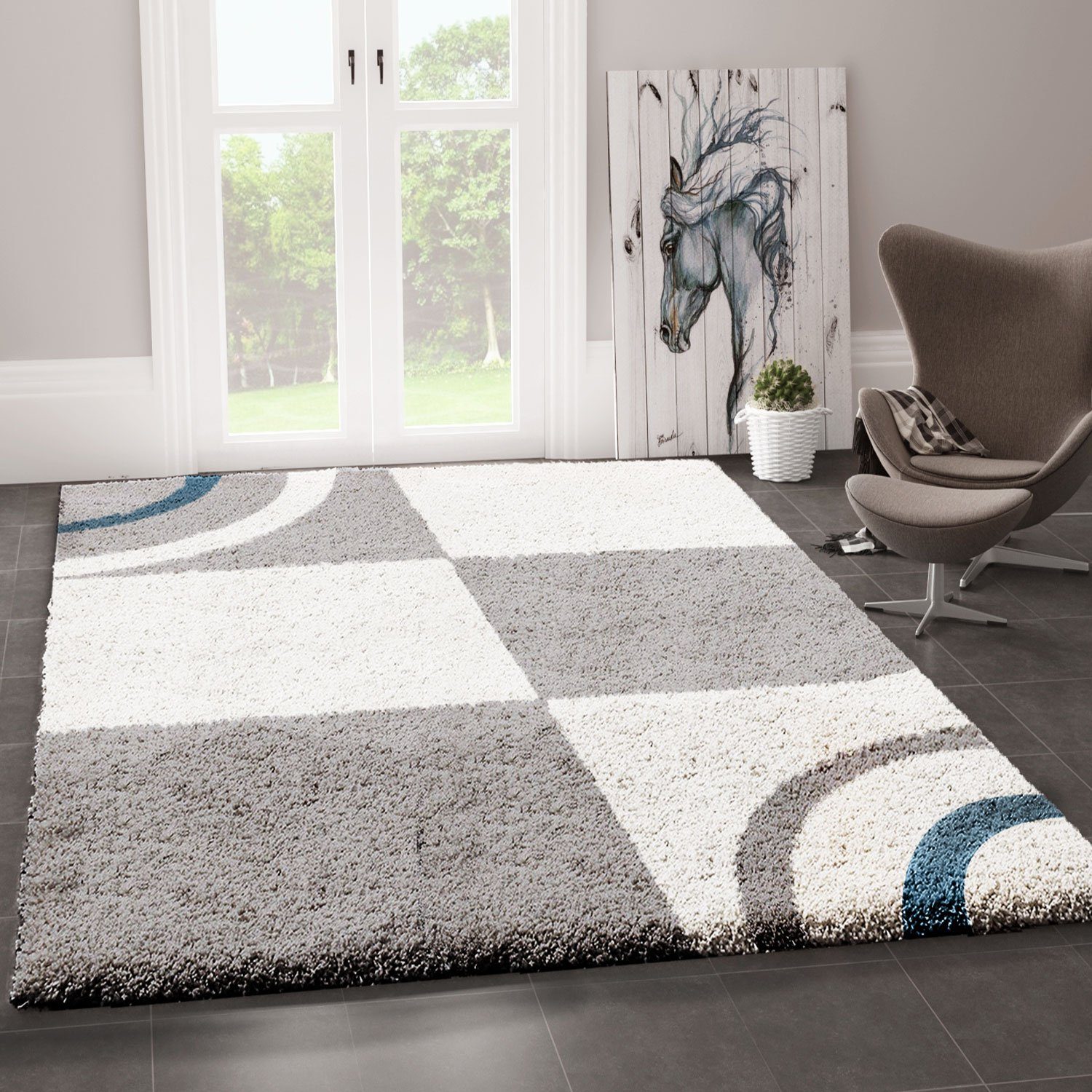 Vimoda Hochflor-Teppich Wohnzimmer Teppich Blau Grau, günstig online kaufen