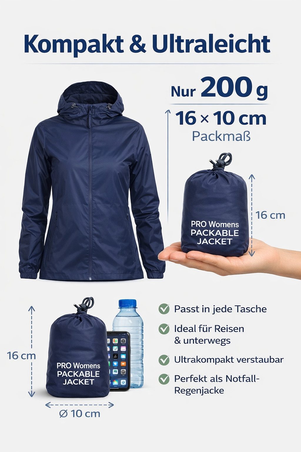 Regatta Professional Regenjacke Outdoor Damen Pro Pack Away 10.000 mm Navy 200 Gramm mit Kapuze