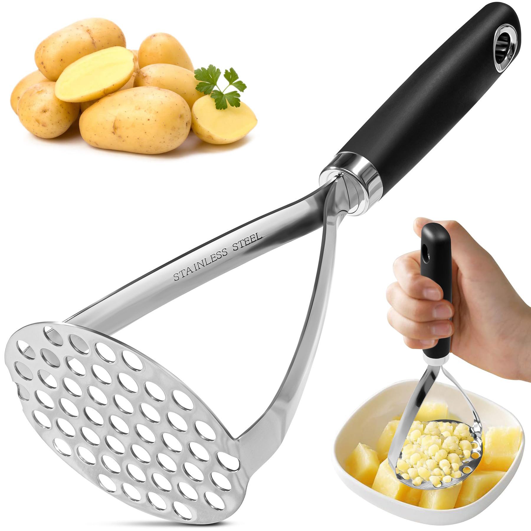 SURFOU Kartoffelstampfer Kartoffelstampfer Edelstahl - Stampfer Kartoffelpresse Mit Soft-Griff (1 St), Edelstahl, Hochbelastbar & Lebensmittelecht, Spülmaschinengeeignet Rutschfester