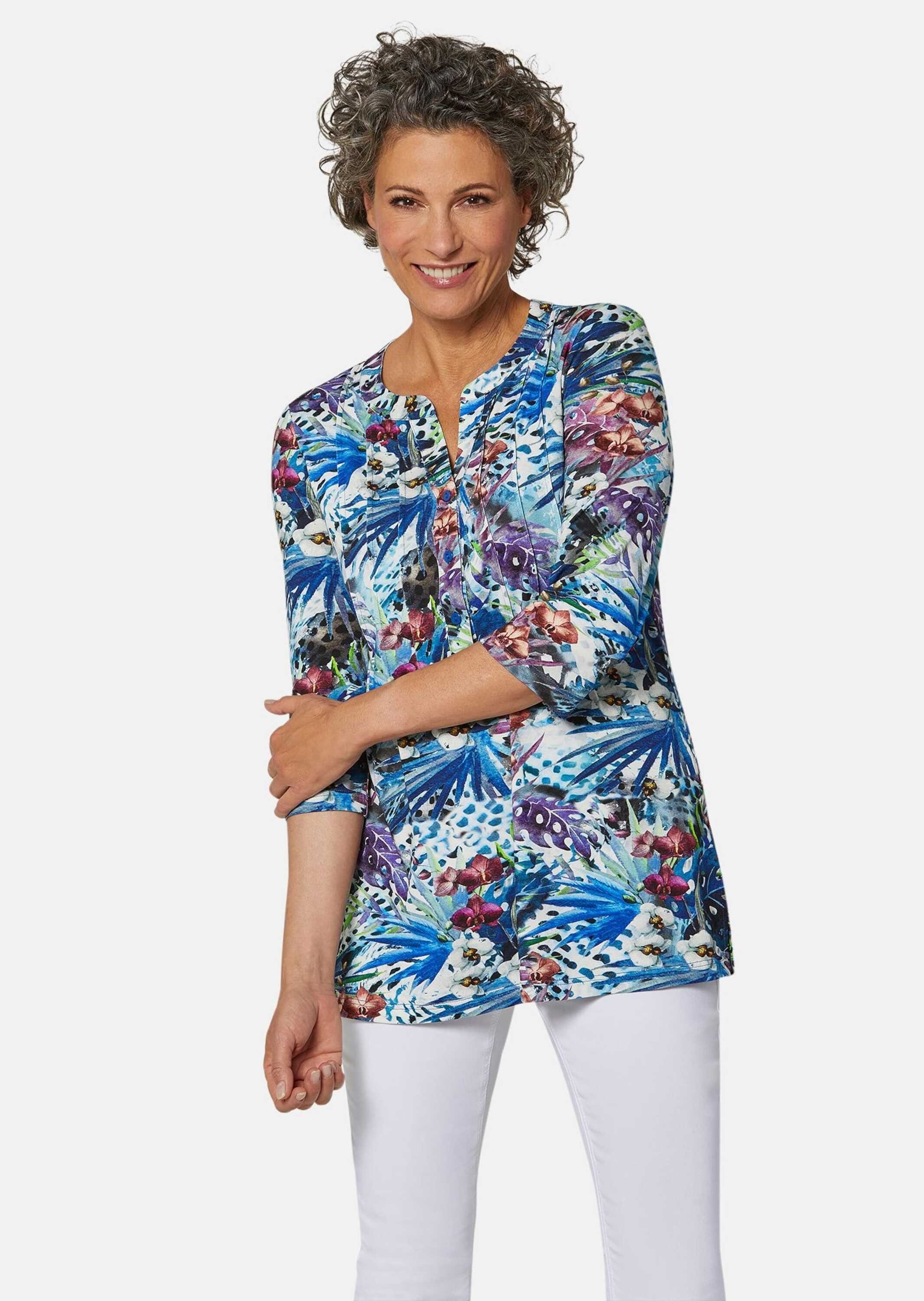 Print-Shirt Figurschmeichelndes GOLDNER blau Drucktunika-Shirt