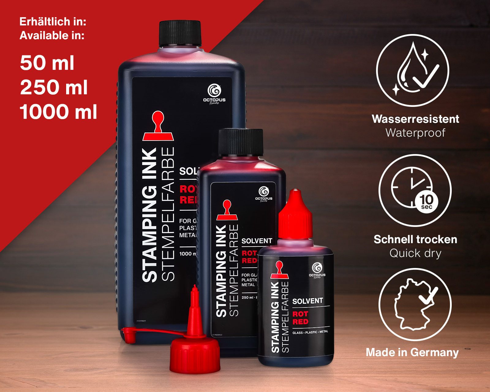 OCTOPUS Fluids Lenizett Solvent Stempelfarbe für glatte Untergründe, rot 50ml Stempelkissen (1-tlg., wasserfest)