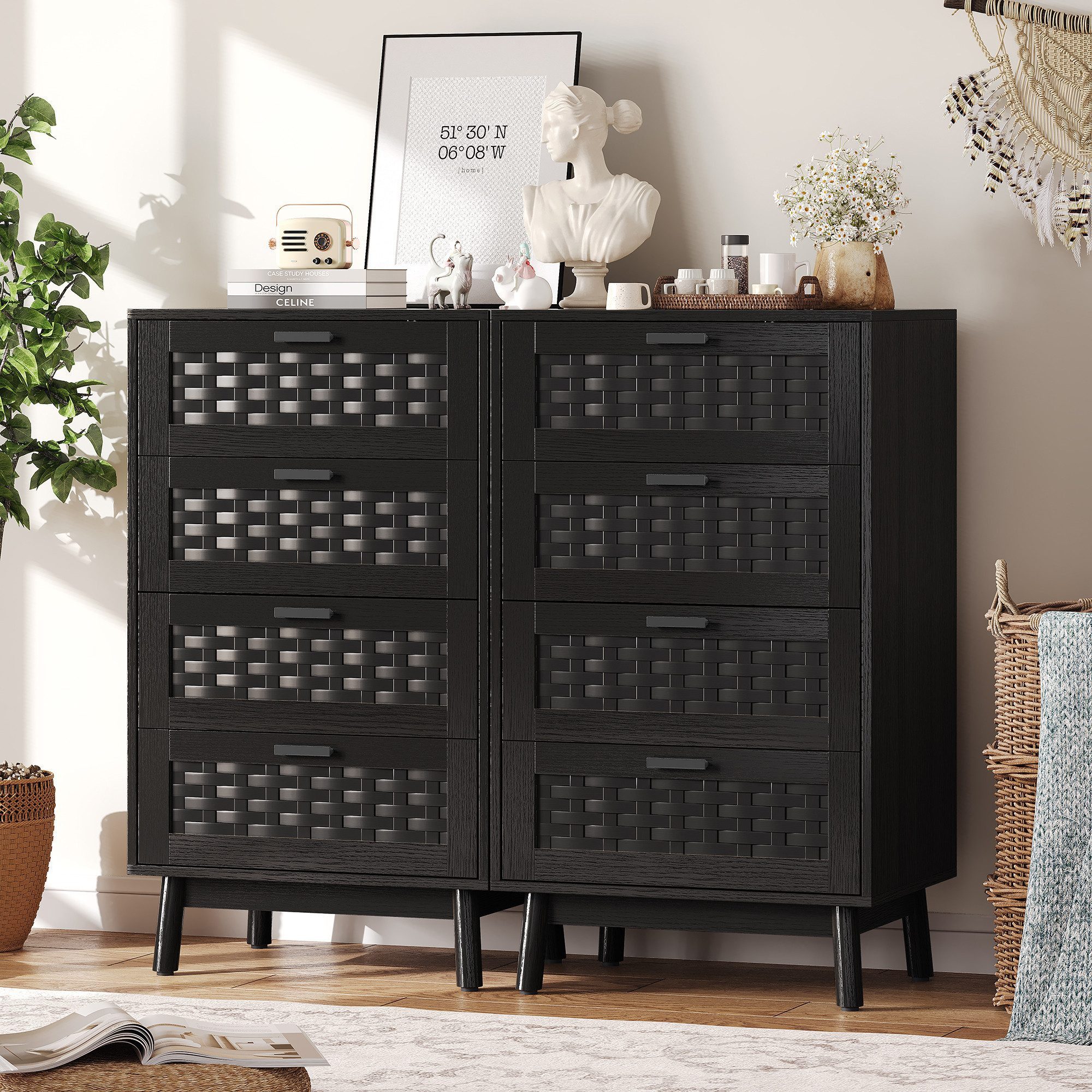 FUROKOY Sideboard Kommode Küchenschrank, Holzbeine (Buffetschrank Highboard mit 4 Rattan Geflechte Schubladen), für Schlafzimmer, Wohnzimmer, Flur, 55 x 40 x 95 cm, Schwarz