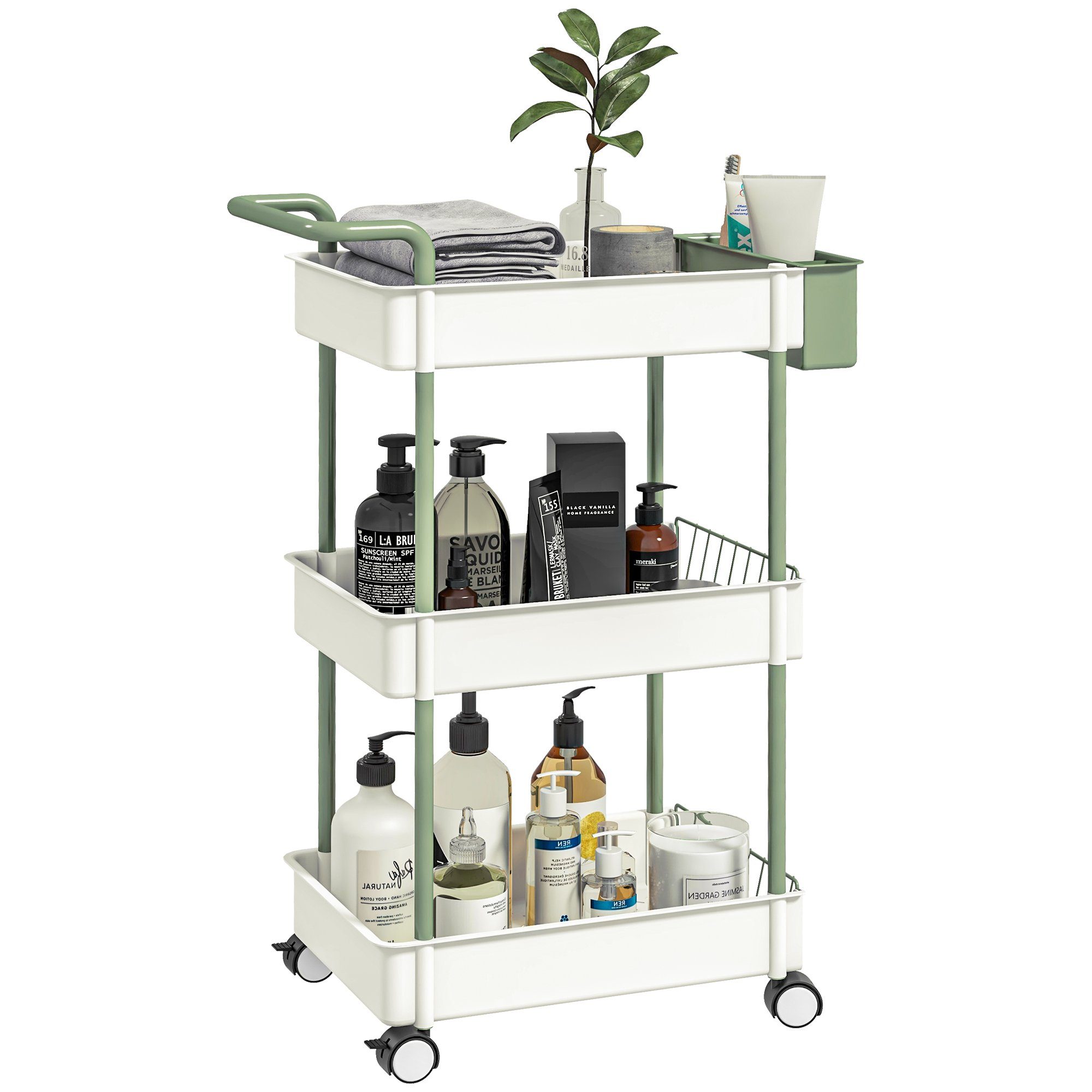 HOMCOM Servierwagen Rollwagen mit 3 Etagen, Hängekorb, Aufbewahrungswagen m günstig online kaufen