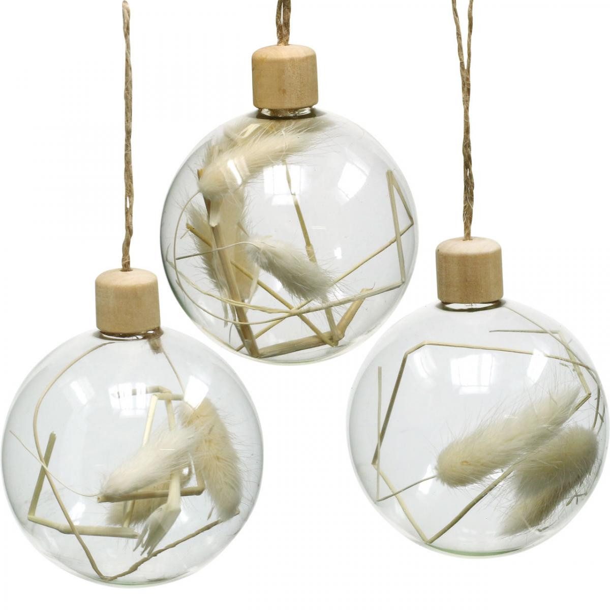 Kaemingk Weihnachtsbaumkugel Weihnachtskugeln Glas Trockenblumen Boho Deko Ø8cm 3St Set, 3 Stück