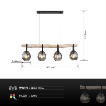 Globo Hängeleuchte Hängeleuchte Esszimmer Hängelampe Pendelleuchte Küche Holzbalken, 4 flammig, Glas, Rauchglas, ohne Leuchtmittel, Lichtfarbe ist abhängig vom Leuchtmittel, Pendellampe, Wohnzimmer, Schlafzimmer, Flur