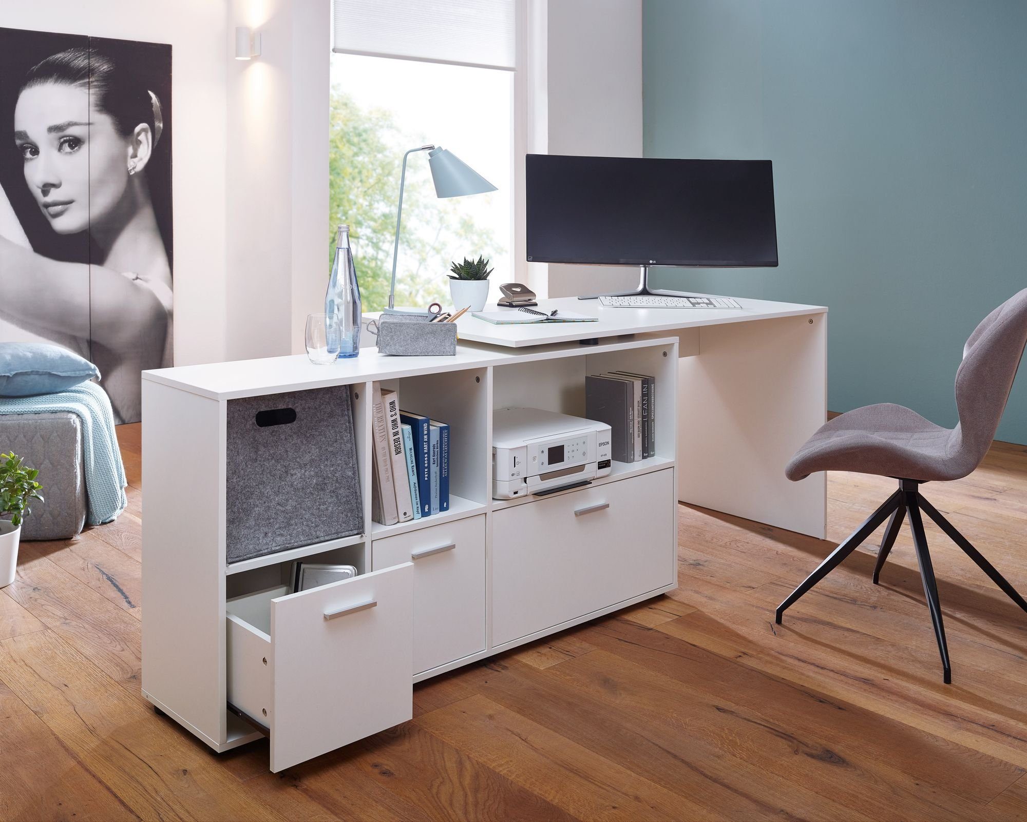 Wohnling Schreibtisch WL5.313 (Eckschreibtisch 136 cm 155,5 x Schreibtischkombi HomeOffice Bürotisch Sideboard, 75,5 Weiß), x
