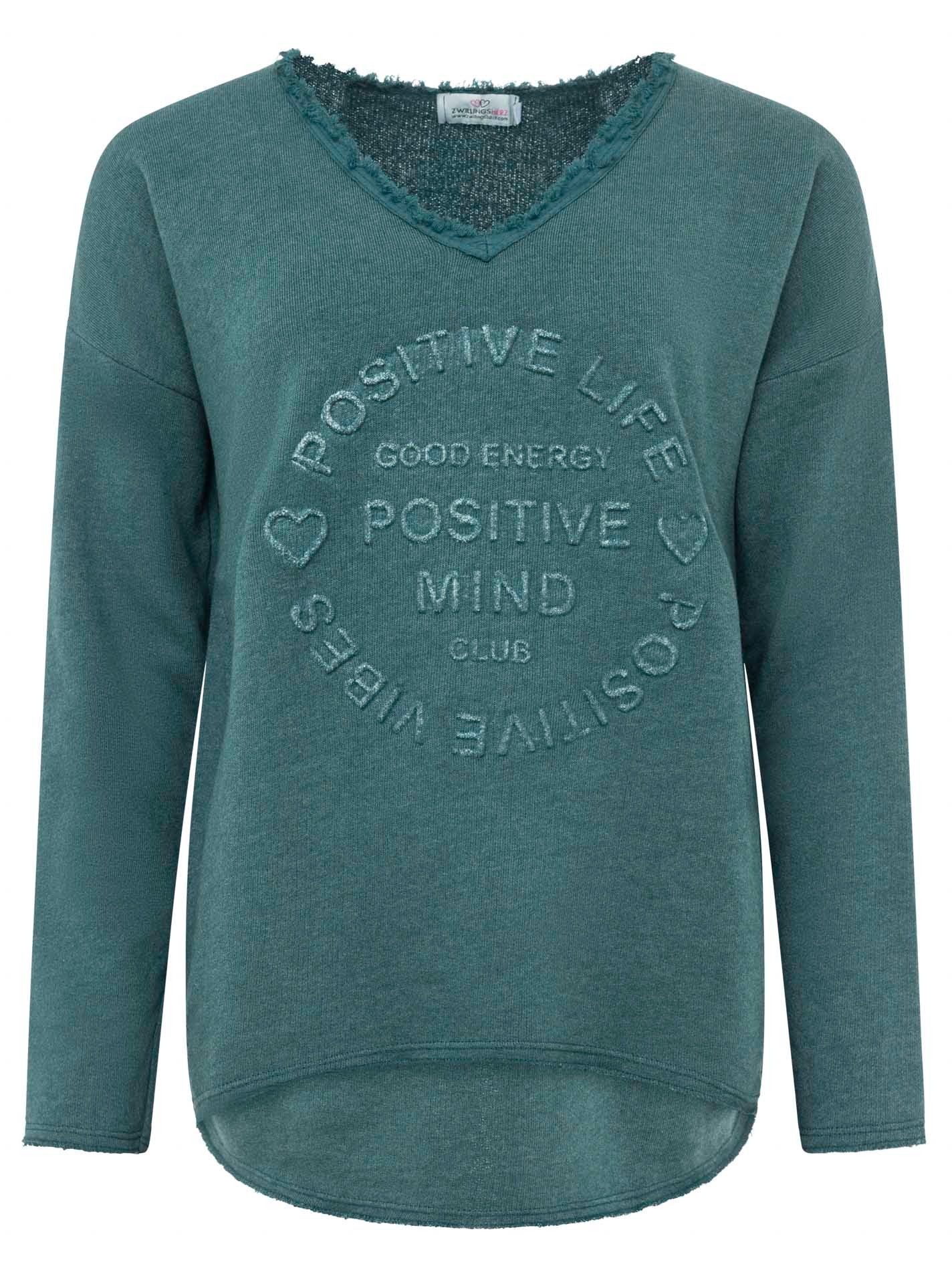 Zwillingsherz Sweatshirt "Positive Mind" ausgefranster V-Ausschnitt, Used Look, Langarm, Schriftzug – Bild 2 von 5