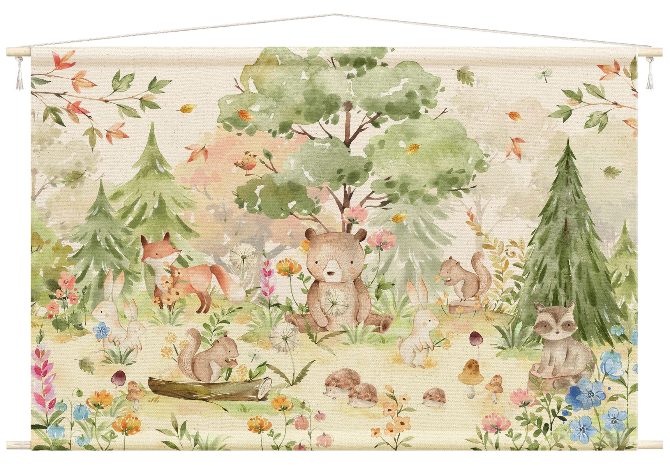 Bilderdepot24 Wandteppich Kinderzimmer modern Wald Aquarell Natur Tiere Bär bunt, rechteckig, Höhe: 2.6 mm, großes Wandbild aus Natur-Baumwolle Wandbehang Stoffbild Tuch Wollseil