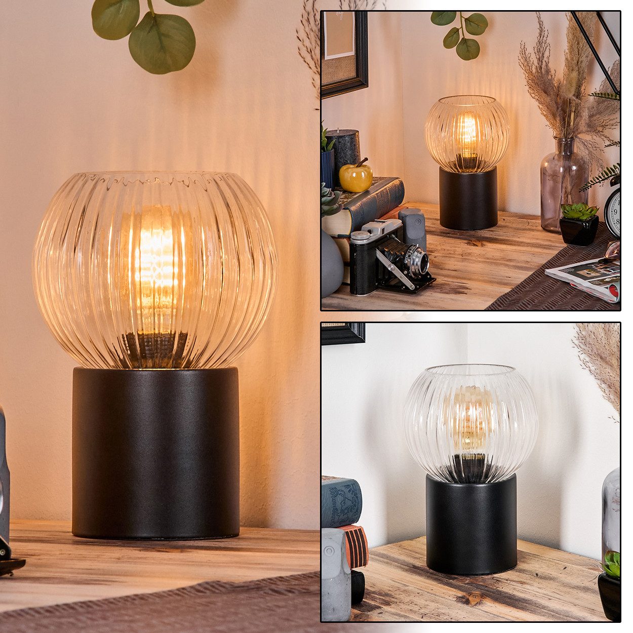 hofstein Tischleuchte Tischlampe aus Metall/Riffelglas in Schwarz/Klar, ohne Leuchtmittel, Leuchte im Retro/Vintage-Design mit Glasschirm (15 cm), 1 x E14