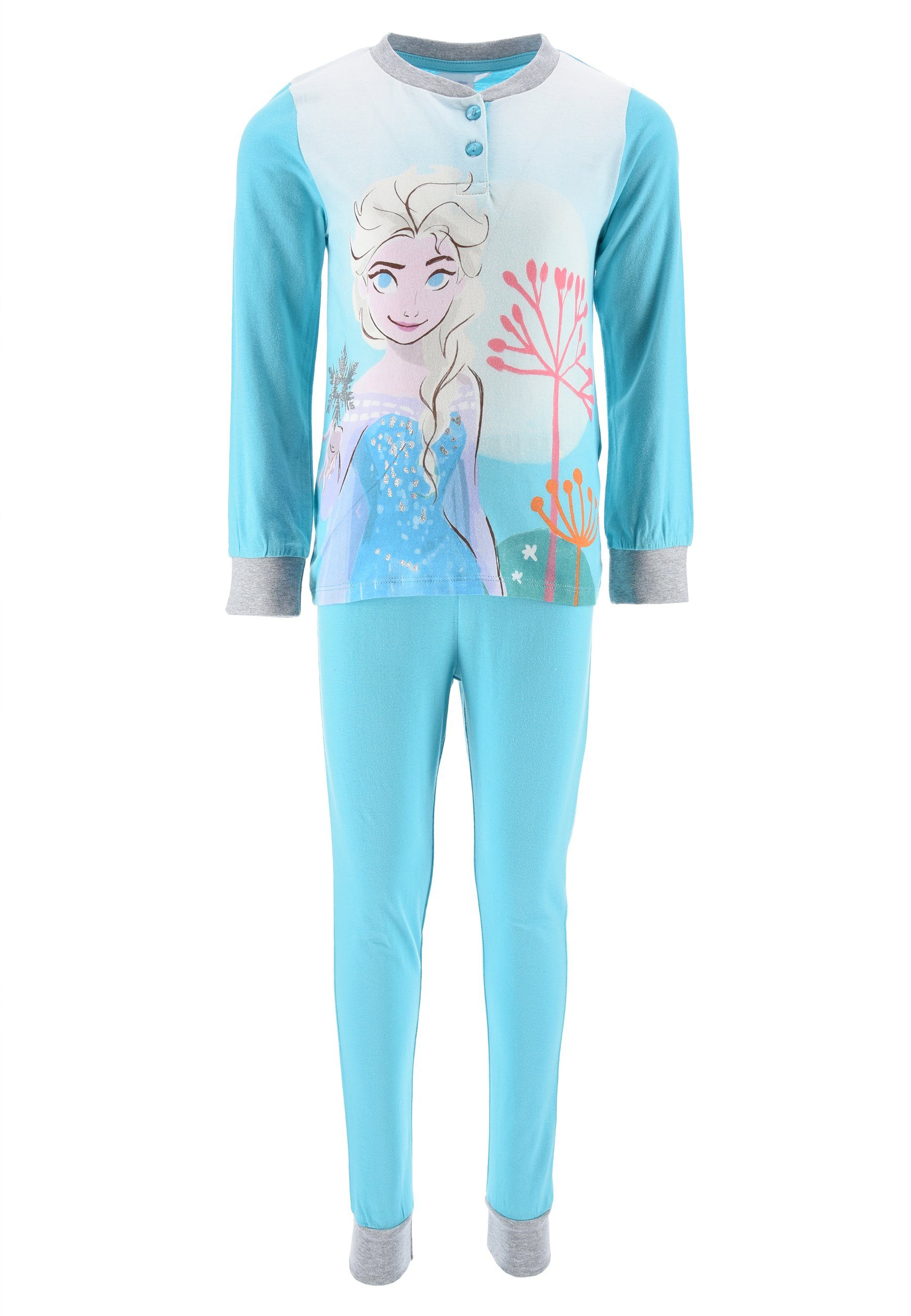 Disney Frozen Schlafanzug Die Eiskönigin Anna und Elsa Kinder Mädchen Schlafanzug Kinder Pyjama Langarm Shirt + Schlaf-Hose (2 tlg) Blau