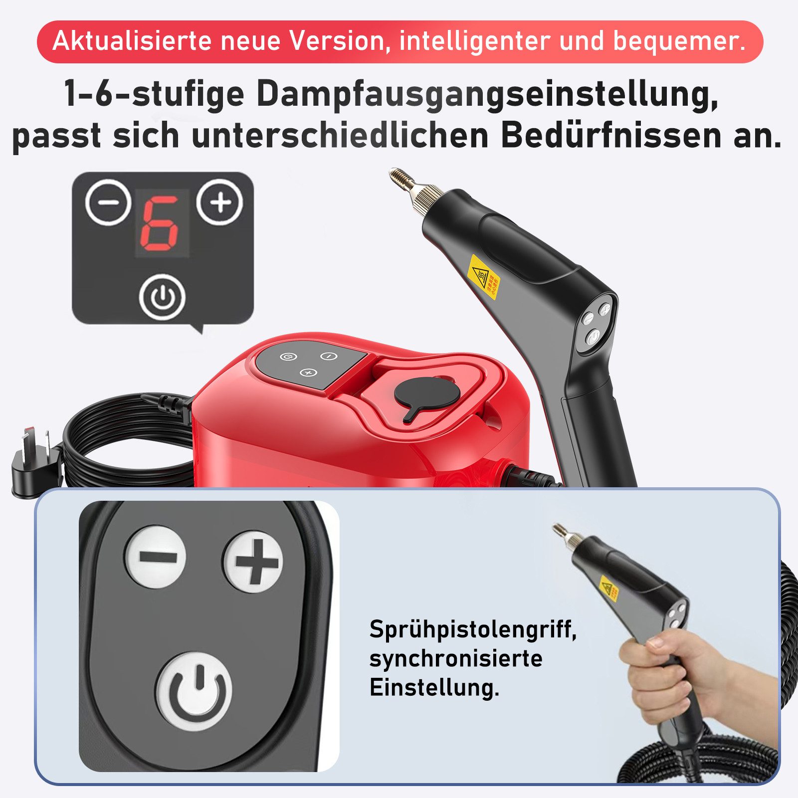 YADIMI Handdampfreiniger 1500W Tragbarer Dampfreiniger mit 1200 ml Wassertank, 1500 W, 6-stufige Leistungsregelung und 3 Bürstenköpfen, Dampfreiniger für Böden, Küche, Fenster, Badezimmer und Auto