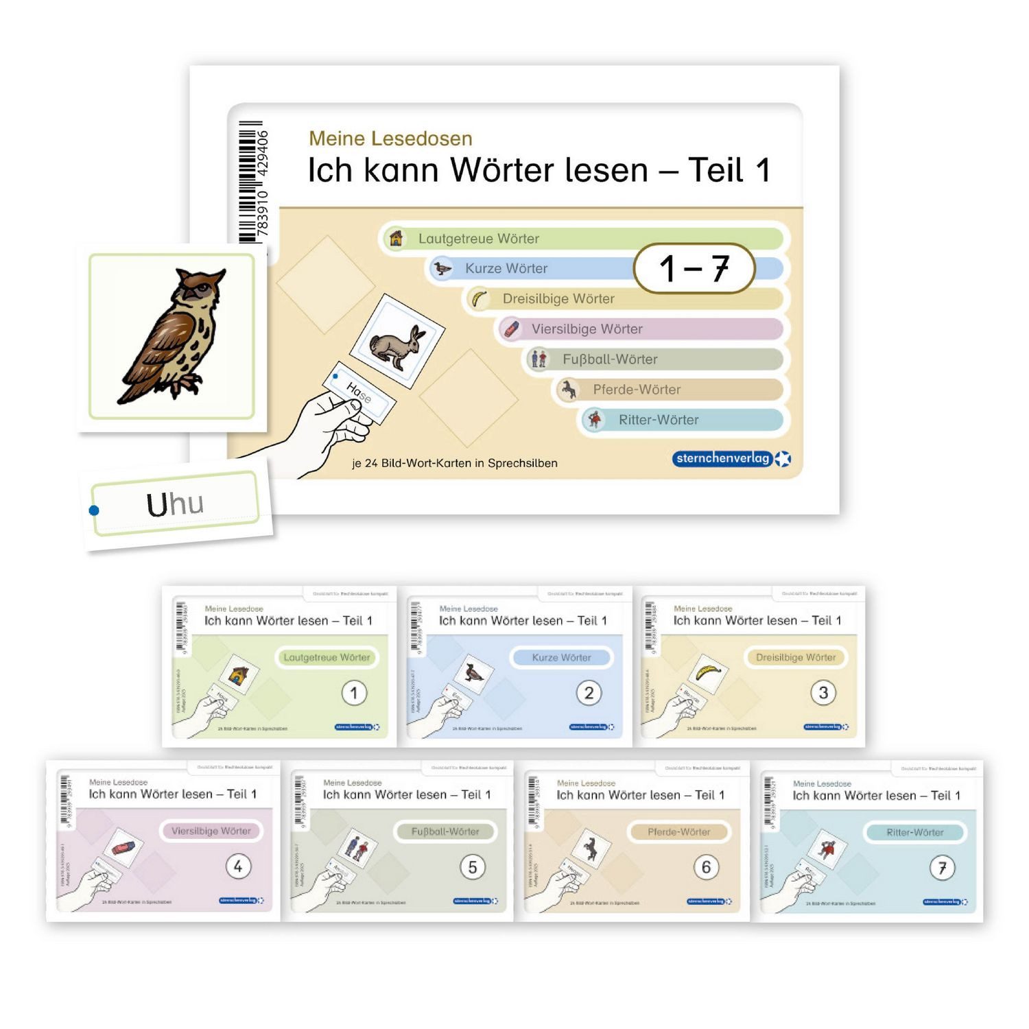 Ich kann Wörter lesen - Teil 1 - Meine Lesedosen 1-7 im Set / Sternchenverlag GmbH, 7 Lesedosen mit jeweils 24 Bild-Wort-Karten