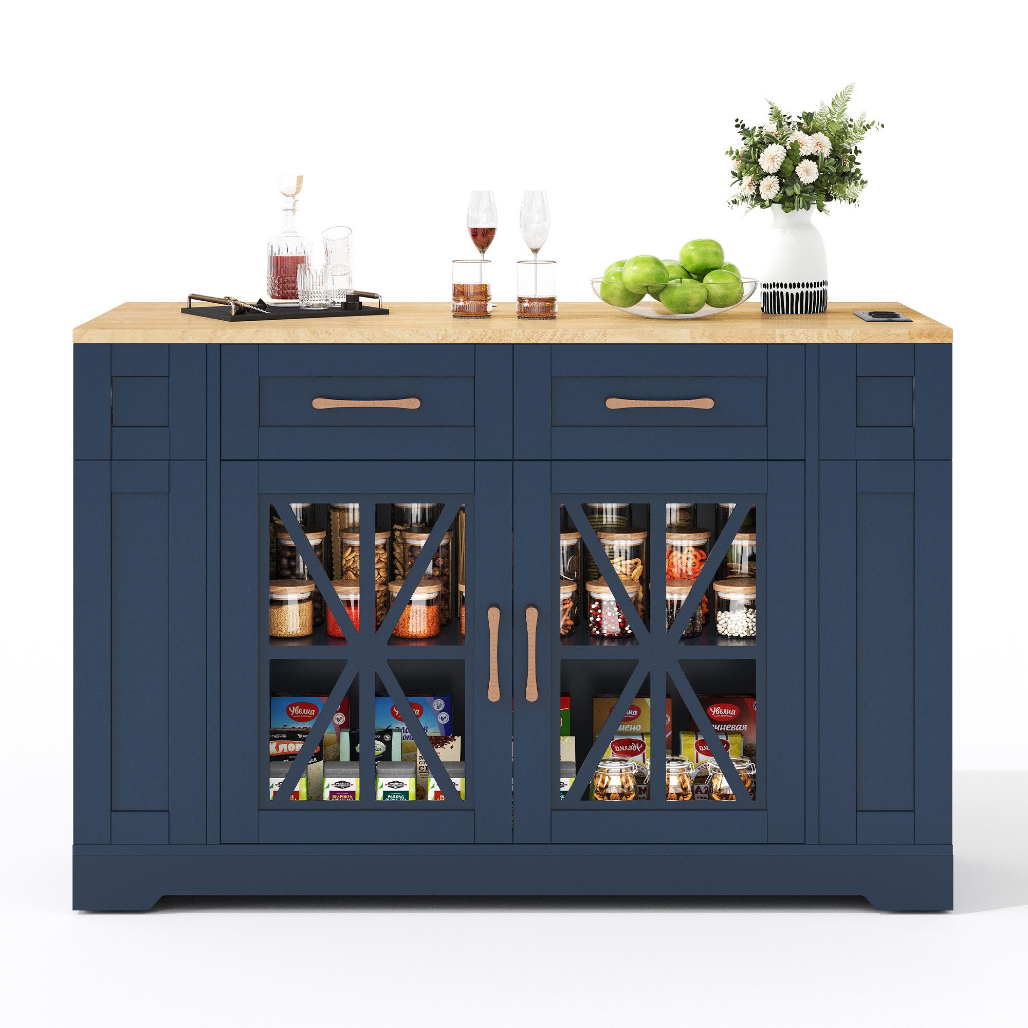 i@home Kücheninsel mit klappbarer Arbeitsplatte Esstisch, 120x70 cm erweiterbar, (4 Türen + 1 Schublade, Mit Gewürzregal & Handtuchhalter), Ideal für kleine Küche, Wohnküche & Esszimmer