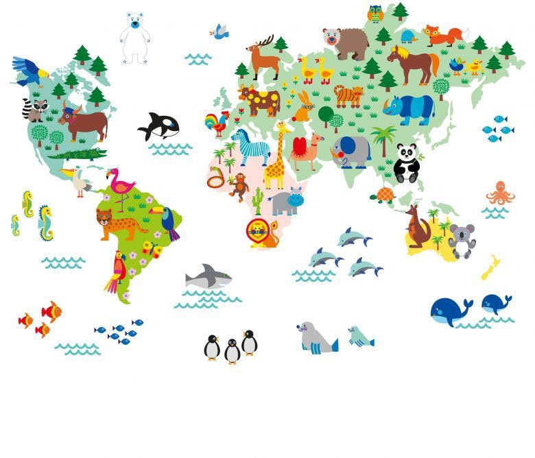 Weltkarte Tierwelt St) Wandtattoo bunt Wall-Art Kinder (1