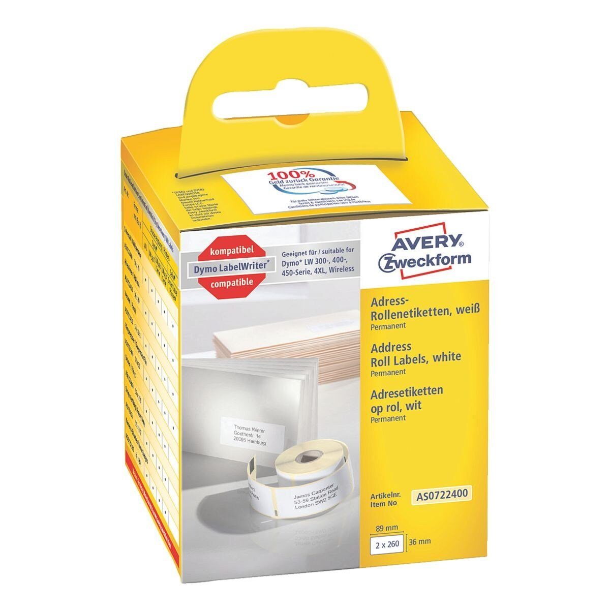 Avery Zweckform Thermorolle AS0722400, 520 Adress-Etiketten 36/89 mm