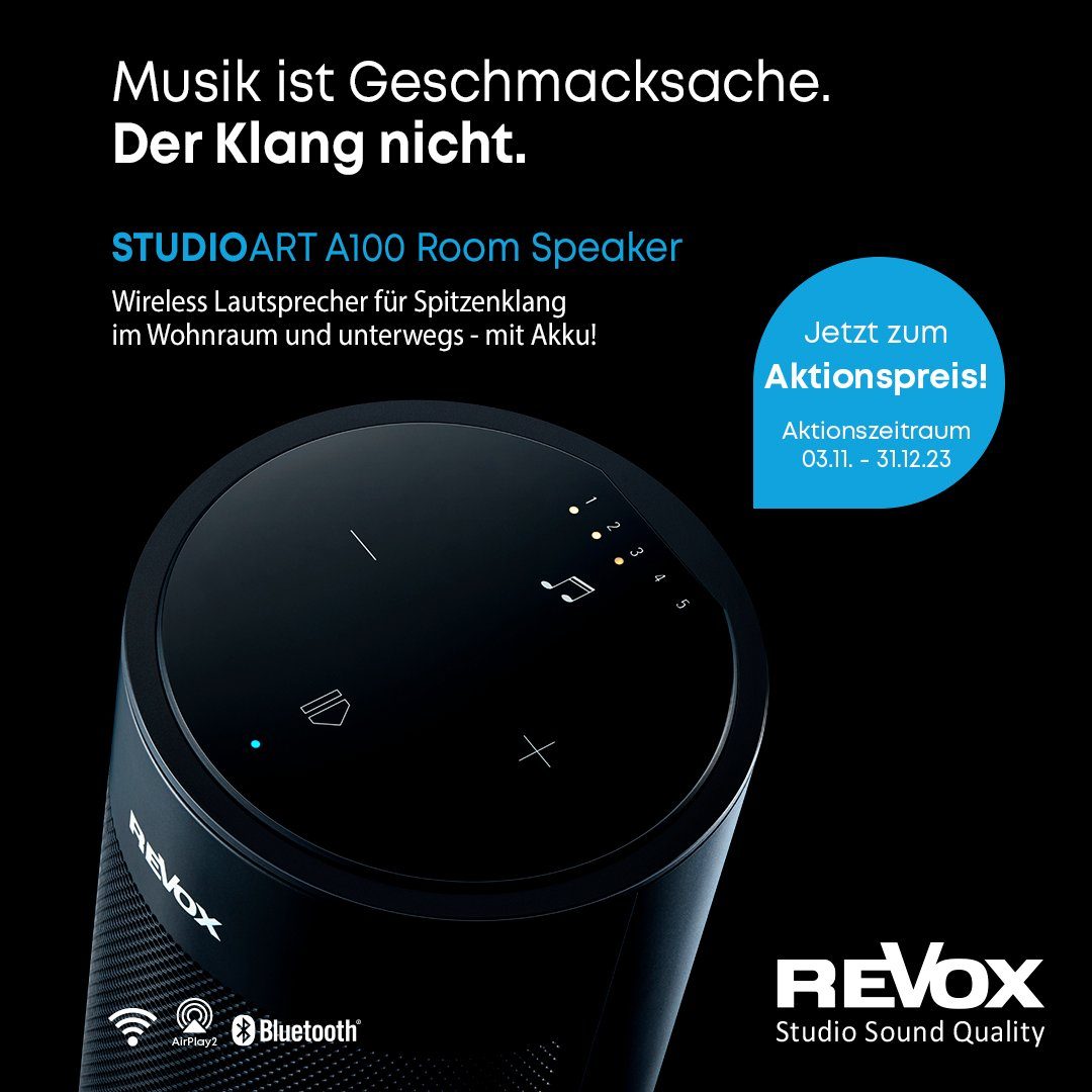 Revox STUDIOART A100 Room Speaker Lautsprecher (A2DP Bluetooth, Bluetooth,  aptX Bluetooth, AVRCP Bluetooth, WLAN (WiFi), KleerNet, AirPlay, Analog In,  20 W, Room Speaker, WLAN Bluetooth Lautsprecher), Kompakter  Aktivlautsprecher für Wohnraum und unterwegs