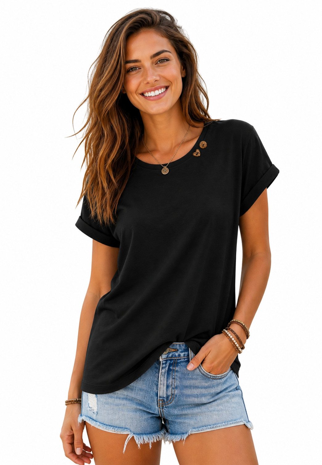 SUBLEVEL Kurzarmshirt Damen Leichtes Sommer Shirt T-Shirt V-Neck Basic-Shirt Rundhals