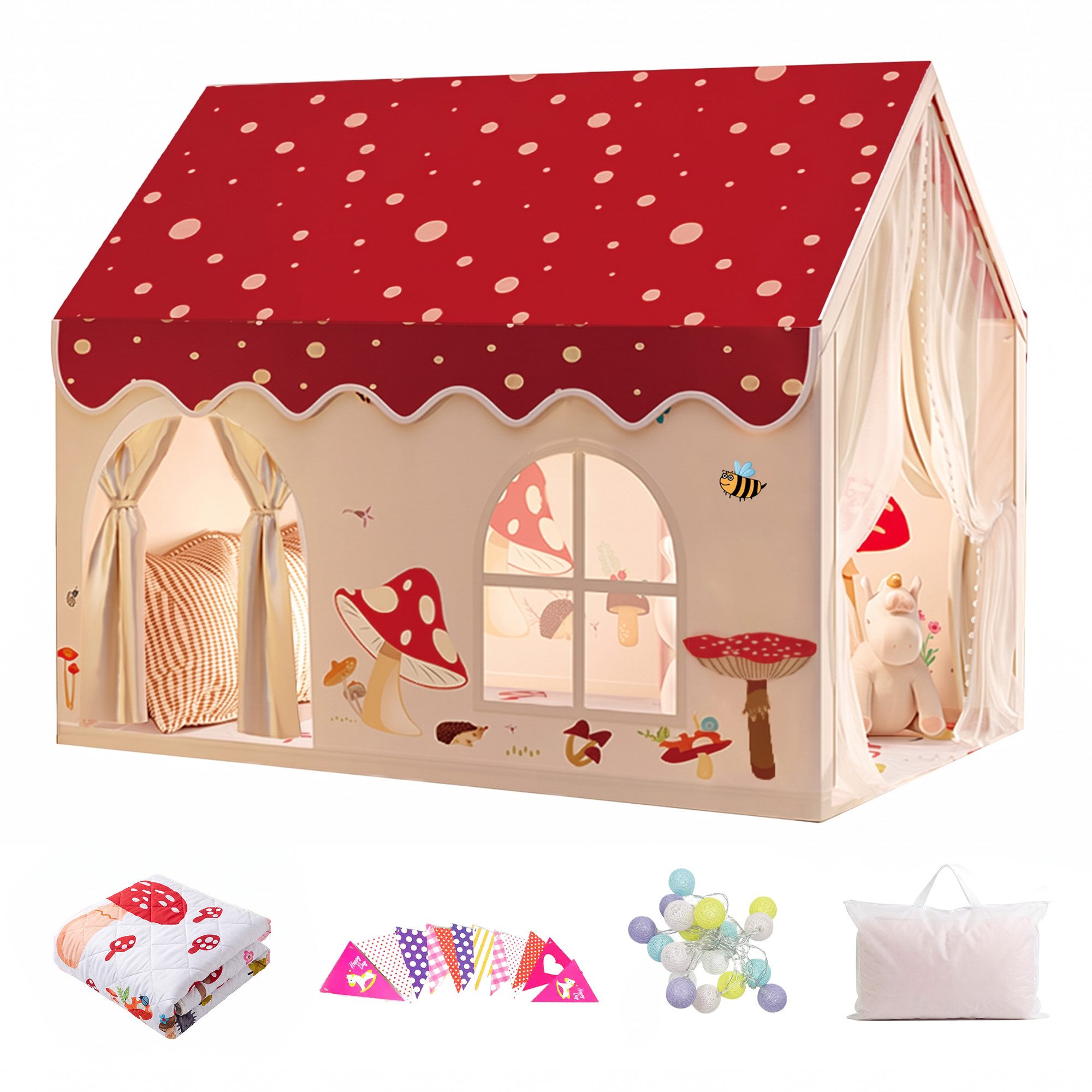 SEHAUSEU Spielzelt Kinderzelt Spielhaus mit Bodenmatte, Lichterkette und Wimpelkette