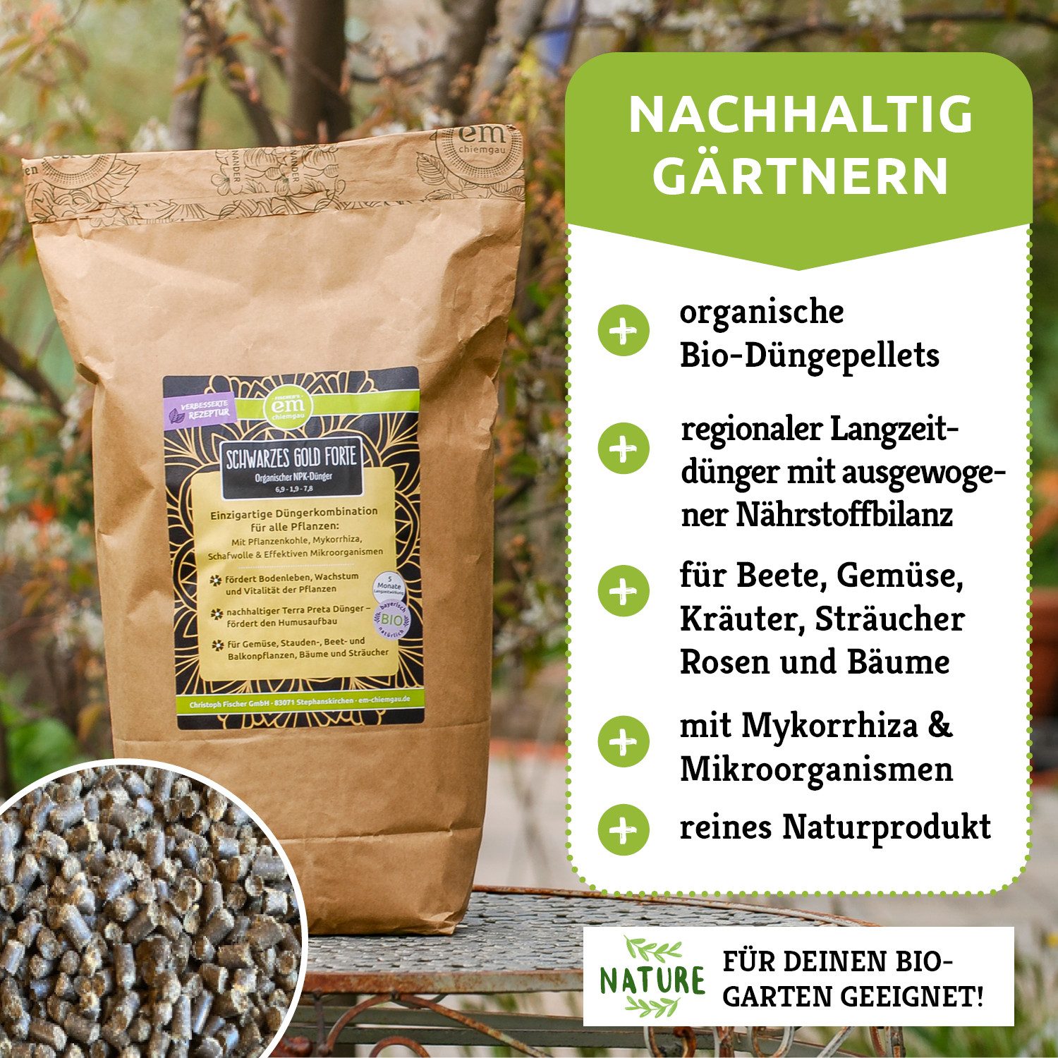 Fischer's EM-Chiemgau Gartendünger Terra Preta Schwarzes Gold Forte, organischer Dünger aus Schafwolle, Pflanzenkohle, Mykorrhiza und EM
