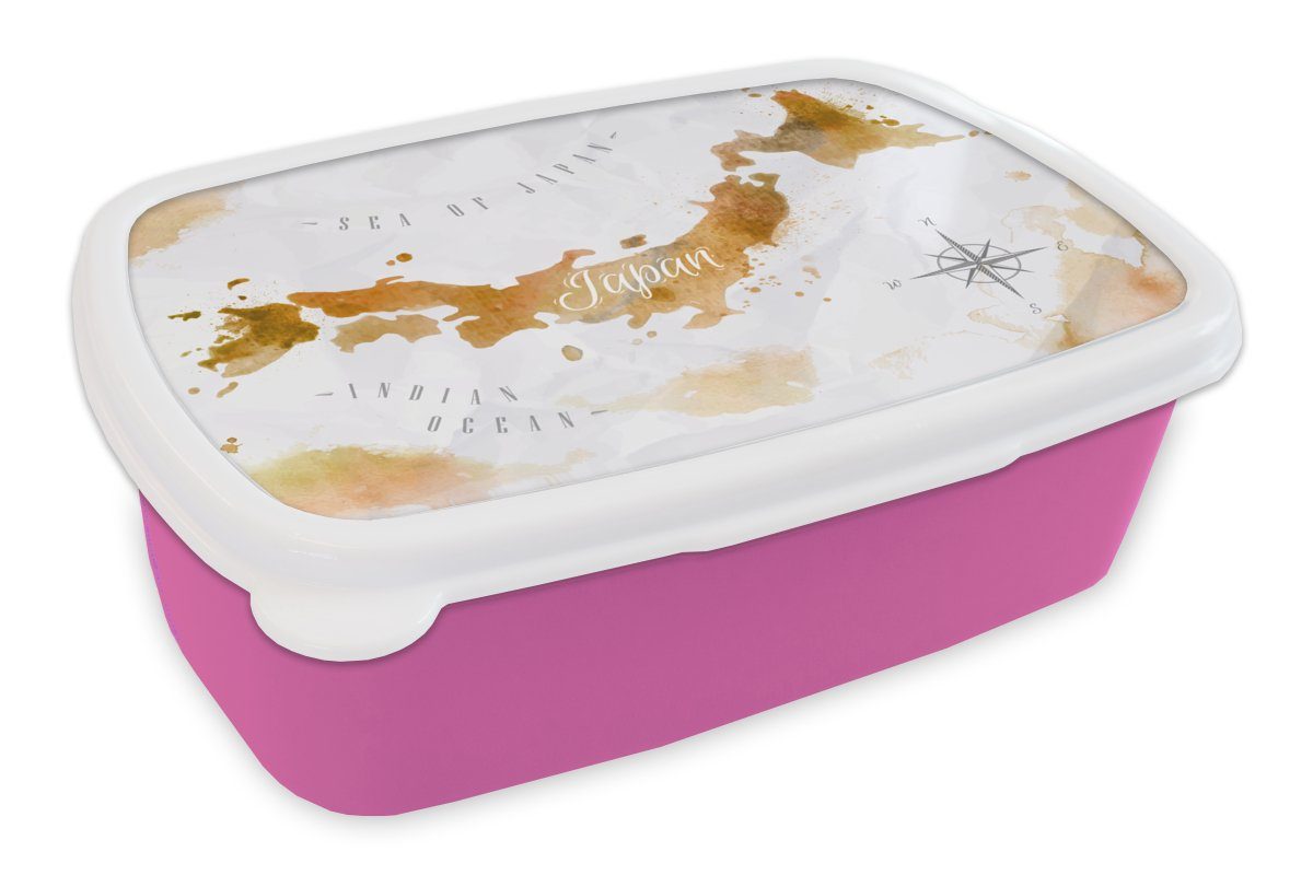 MuchoWow Lunchbox Karte - Aquarell - Japan, Kunststoff, (2-tlg), Brotbox für Erwachsene, Brotdose Kinder, Snackbox, Mädchen, Kunststoff rosa
