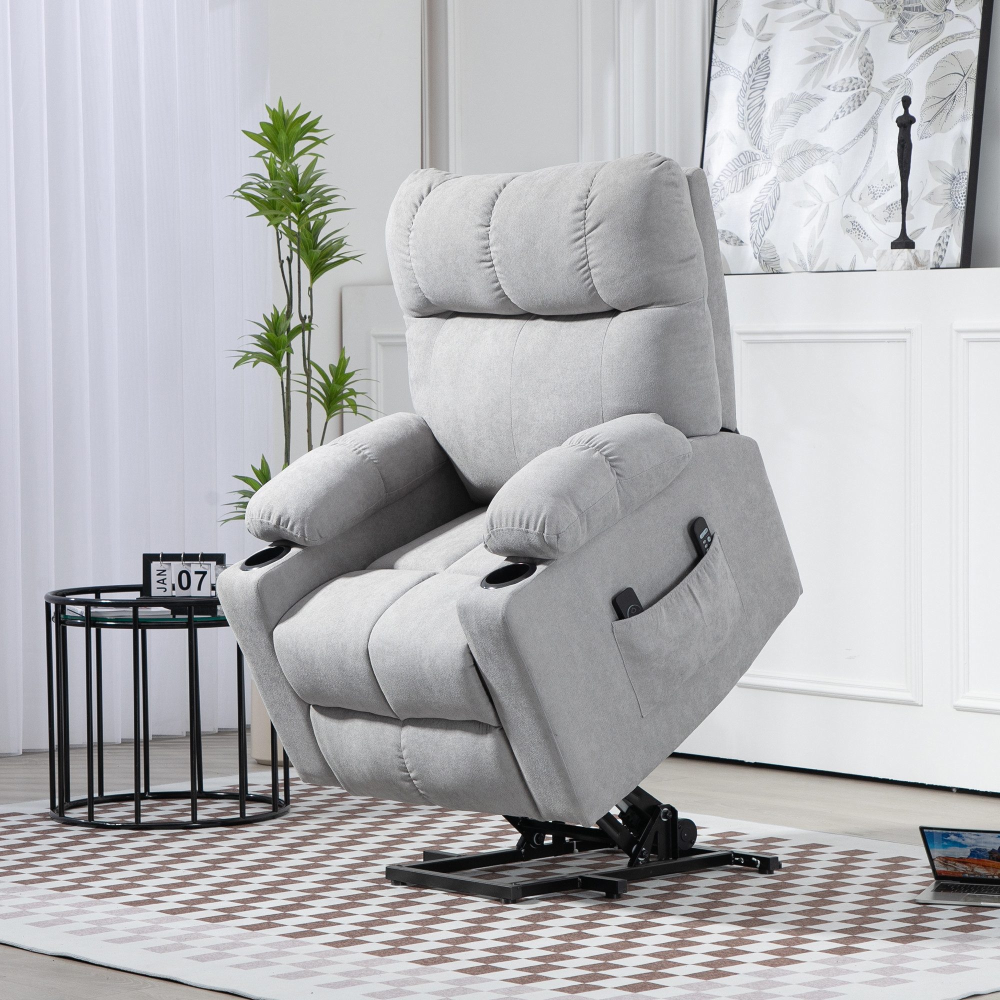 HOMCOM Massagesessel Aufstehhilfe mit Wärmefunktion, Becherhalter, Fußteil (Relaxsessel, 1-St., Fernsehsessel), für Wohnzimmer, Arbeitszimmer, Grau