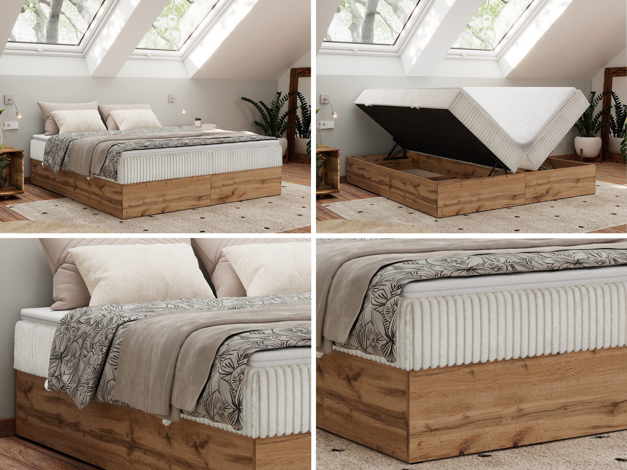 MKS MÖBEL Boxspringbett WOOD ZERO (Set, Bett, Polsterbett mit integrierten Matratzen, 2 Bettkästen, H3/H4), Topper T25 oder Visco optional, ohne Kopfteil