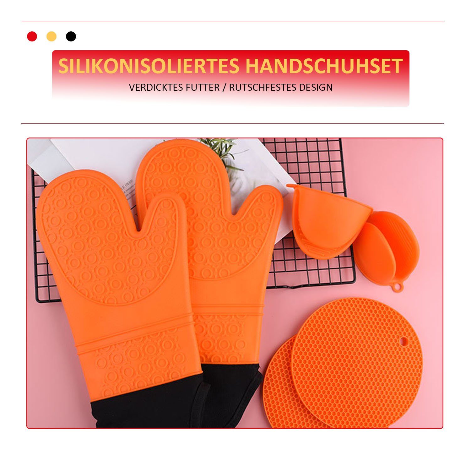 und Topfhandschuhe Rutschfest Hitzebeständige Orange (6-tlg), Silikon Wasserdicht MAGICSHE Verdickte Handschuhe,