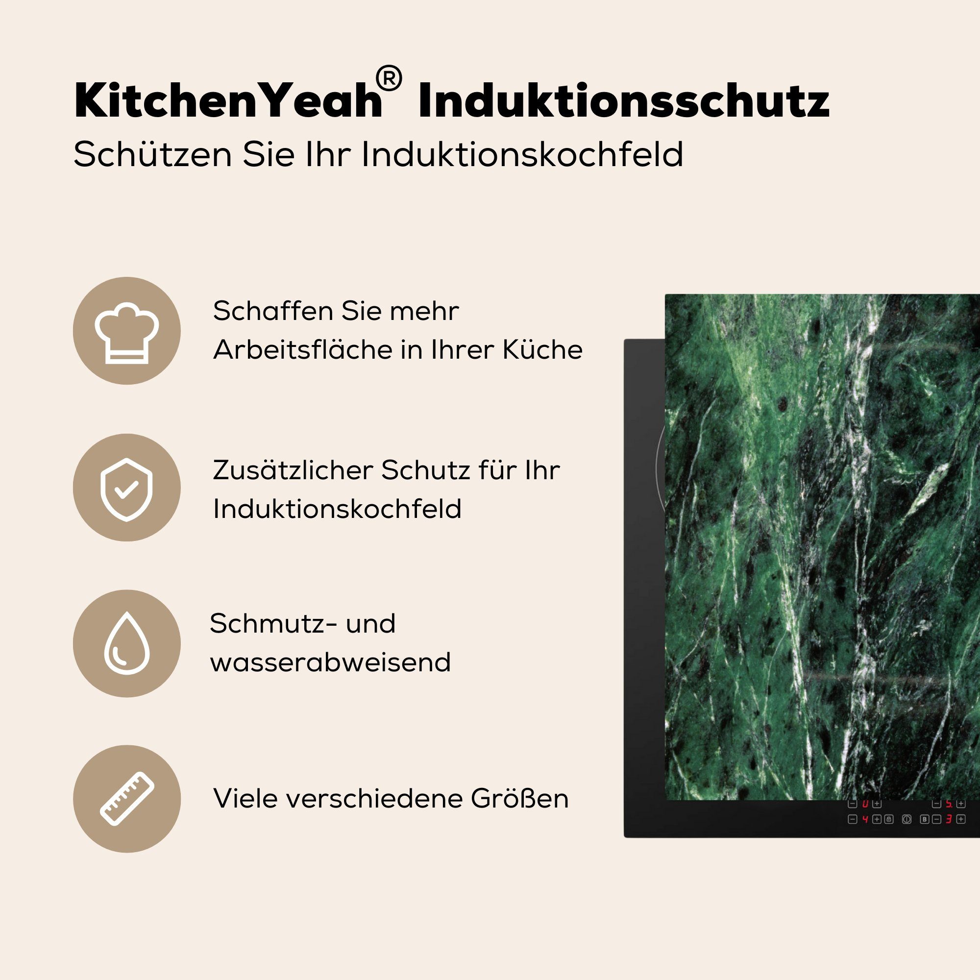 83x51 Schwarz, küche Ceranfeldabdeckung, MuchoWow Smaragd Vinyl, tlg), Grün (1 - - Arbeitsplatte Marmor Herdblende-/Abdeckplatte cm, für -