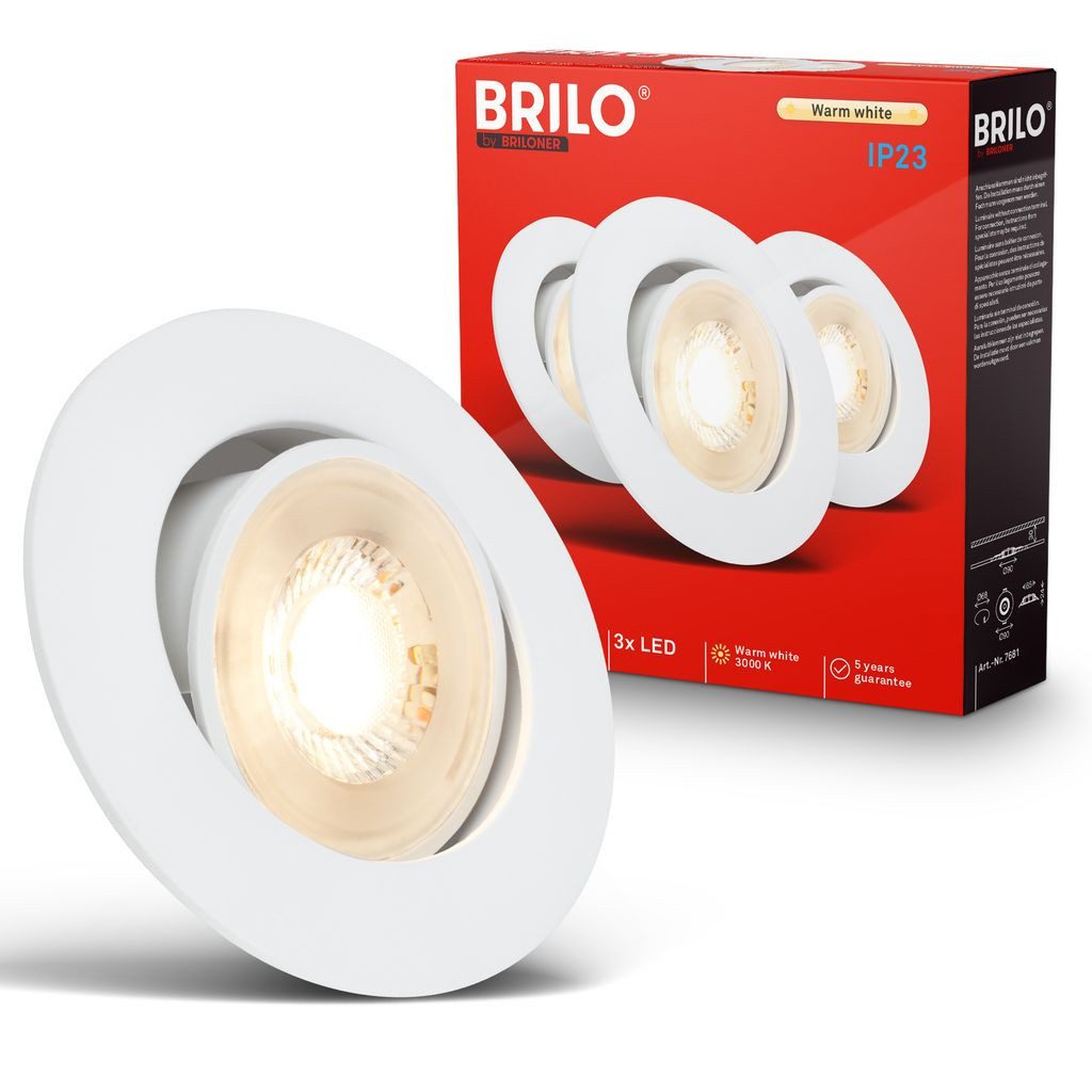 Briloner Leuchten LED Einbaustrahler LED Einbaustrahler 3er Set Schwenkbar, LED fest integriert, 3000K - Warmweiß, 90x24 mm, Wohnzimmer, Flur