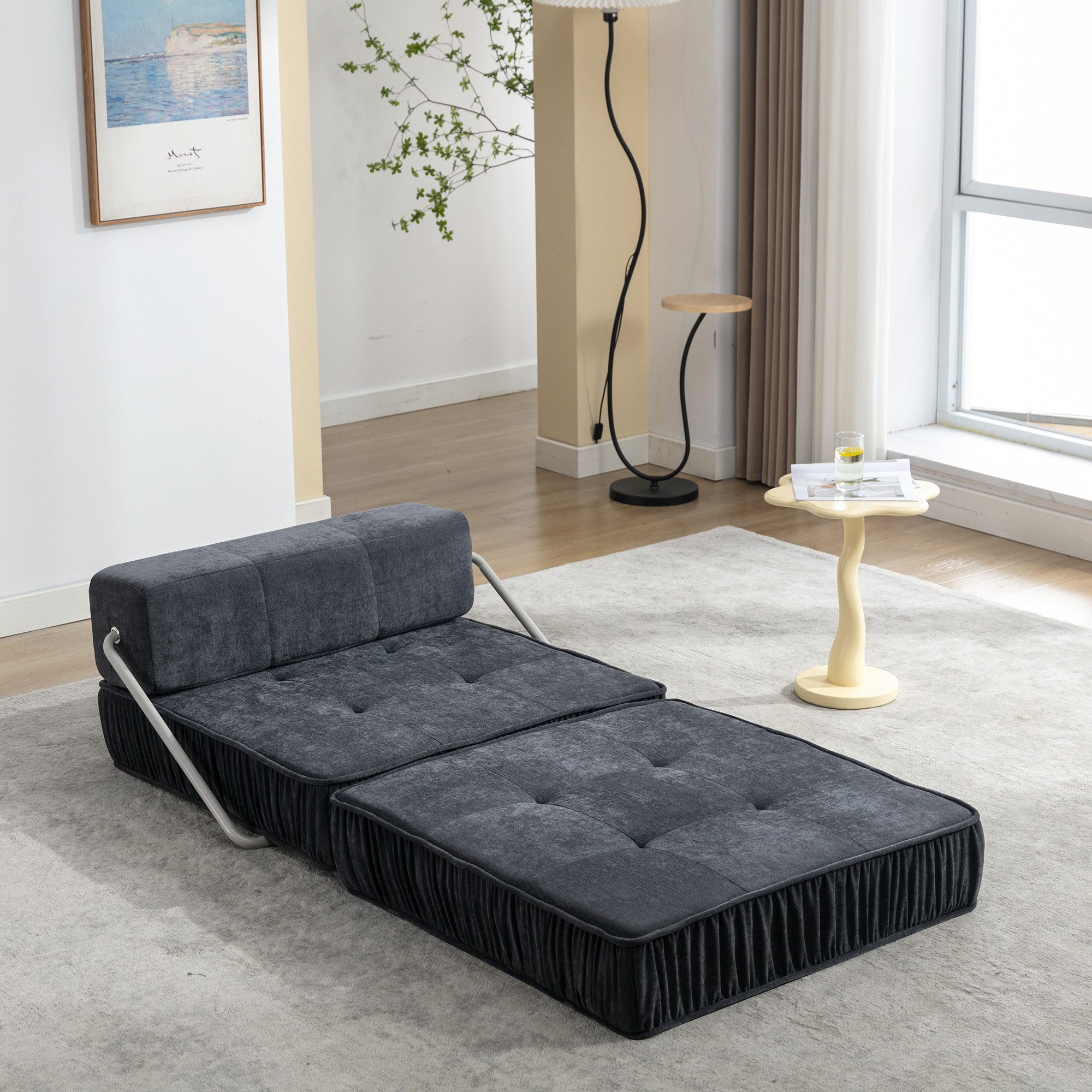 HAUSS SPOLE Loungesofa umwandelbarer Klappsofa Loungesessel mit Faltenoptik Wohnzimmer,Grau, umwandelbarer Multifunktionssofa Sofagarnituren mit Schaumstoff, Klappbares Sofa-Bett – 2-in-1 für Wohnzimmer