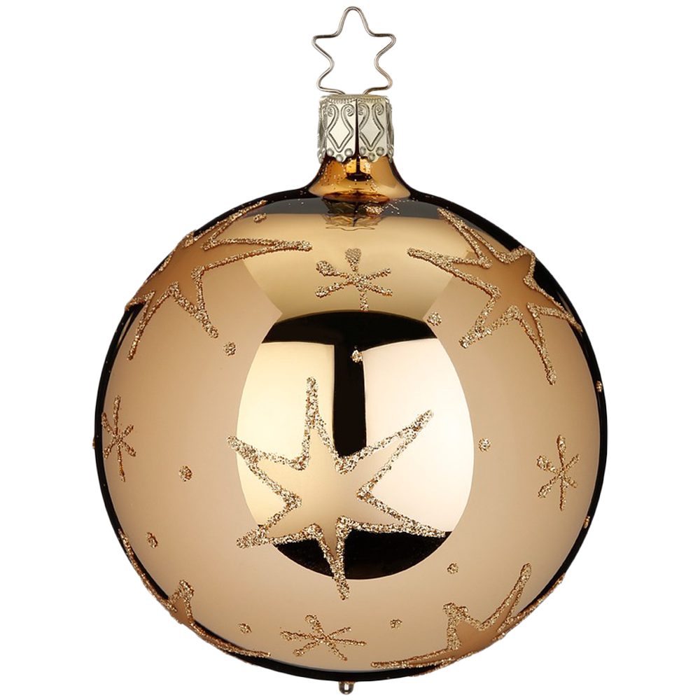 INGE-GLAS® Weihnachtsbaumkugel Christbaumkugel funkelnde Sterne Ø 8cm brokatgold glänzend (1 St), mundgeblasen, handbemalt