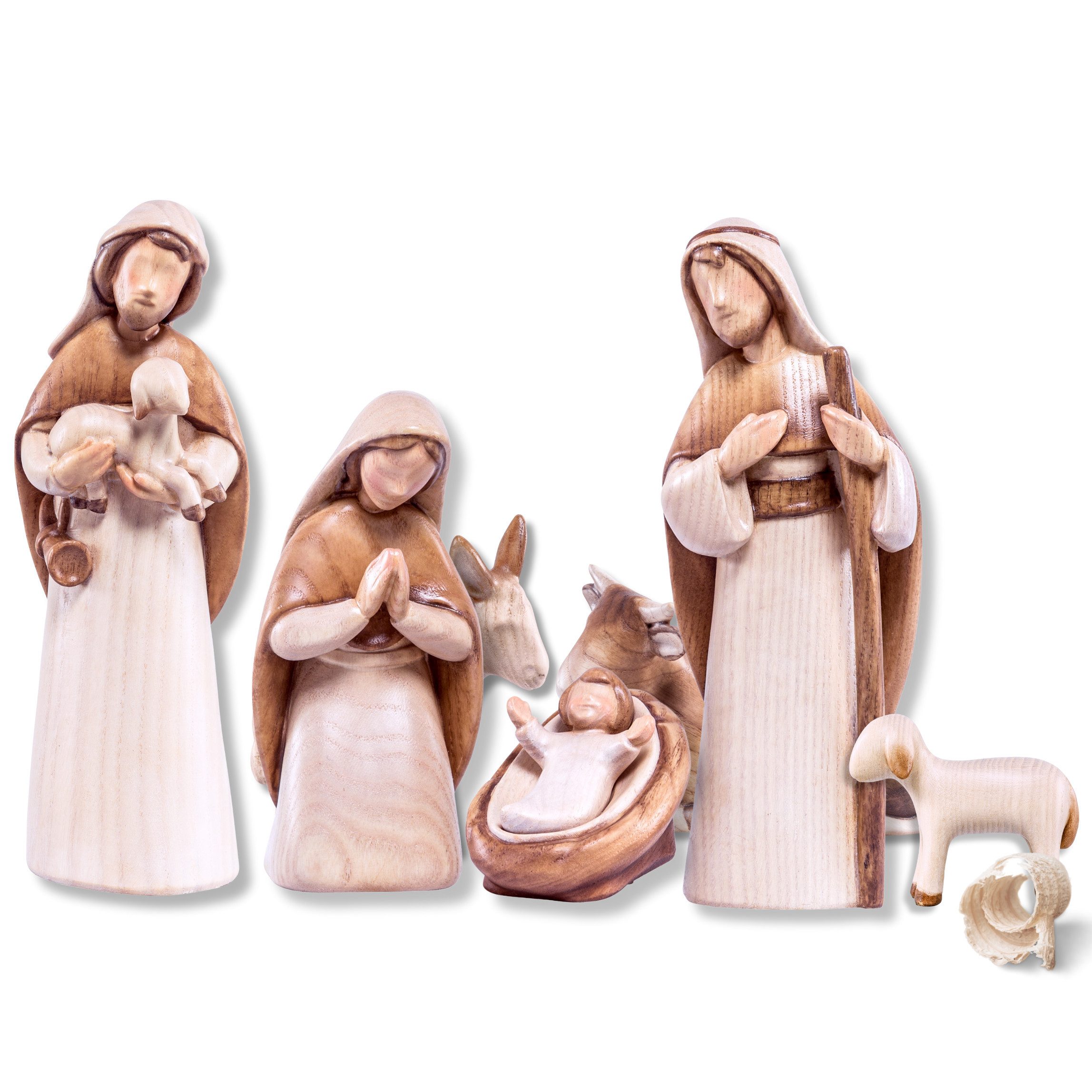Akantus Krippe Moderne Krippenfiguren aus Holz: 7-teiliges Set (gebeizt), holzgeschnitzt, handbemalt, Ahornholz, Made in Südtirol
