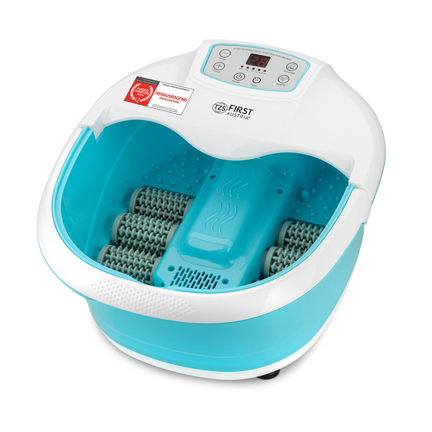 TZS FIRST AUSTRIA Fußmassagegerät mit Massagefunktion 450W, 3 Programmen & 6 Massagerollen, bis Größe 47, Infrarot, Heizfunktion, Vibrations- & Luftblasenmassage, Timer