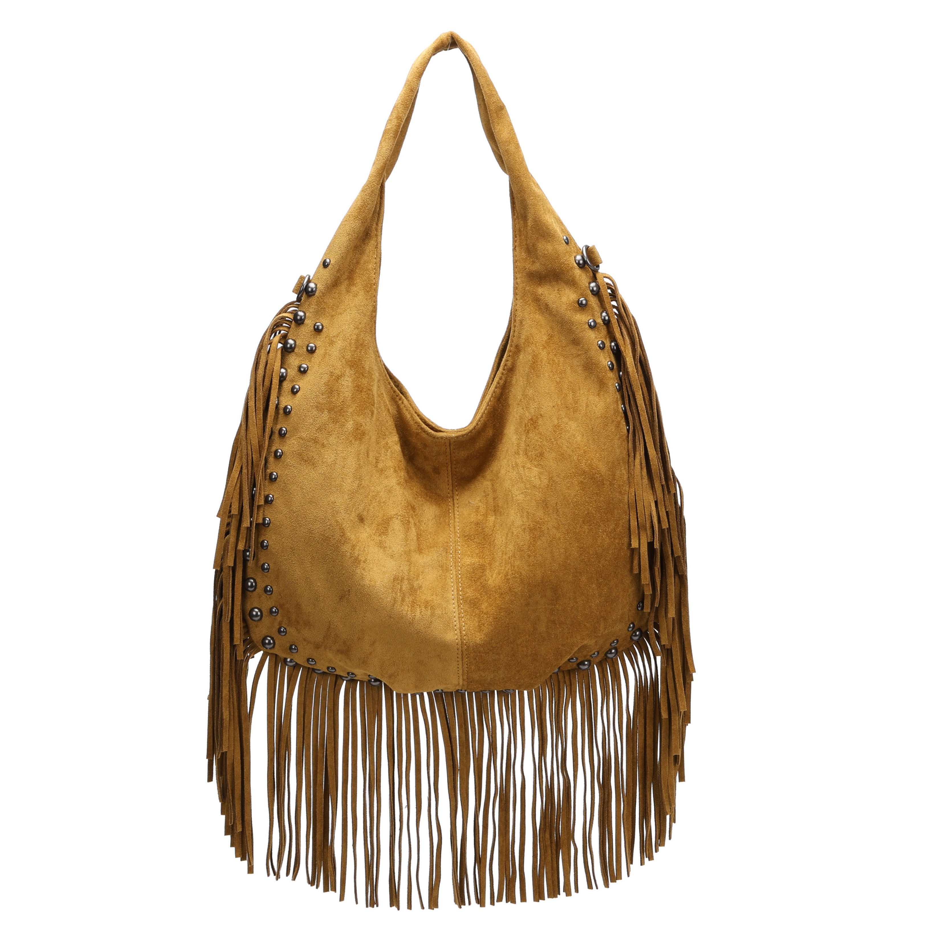 MIRROSI Shopper Damen Fransen Schultertasche Wildleder-Optik aus Polyester (Neue Kollektion Herbst/Winter 2026, ca. 41 x 5 x 37 cm), Boho Tasche mit Fransen, Nieten & langem Riemen