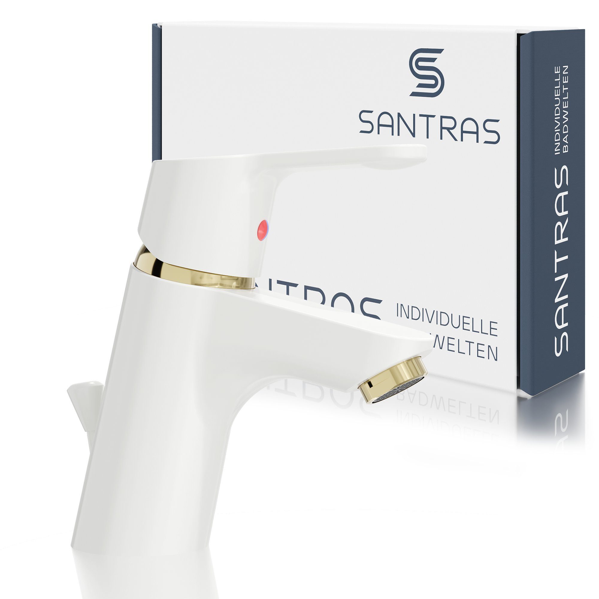 Santras Waschtischarmatur mit Zugstange und Ablaufgarnitur in Weiß / Gold