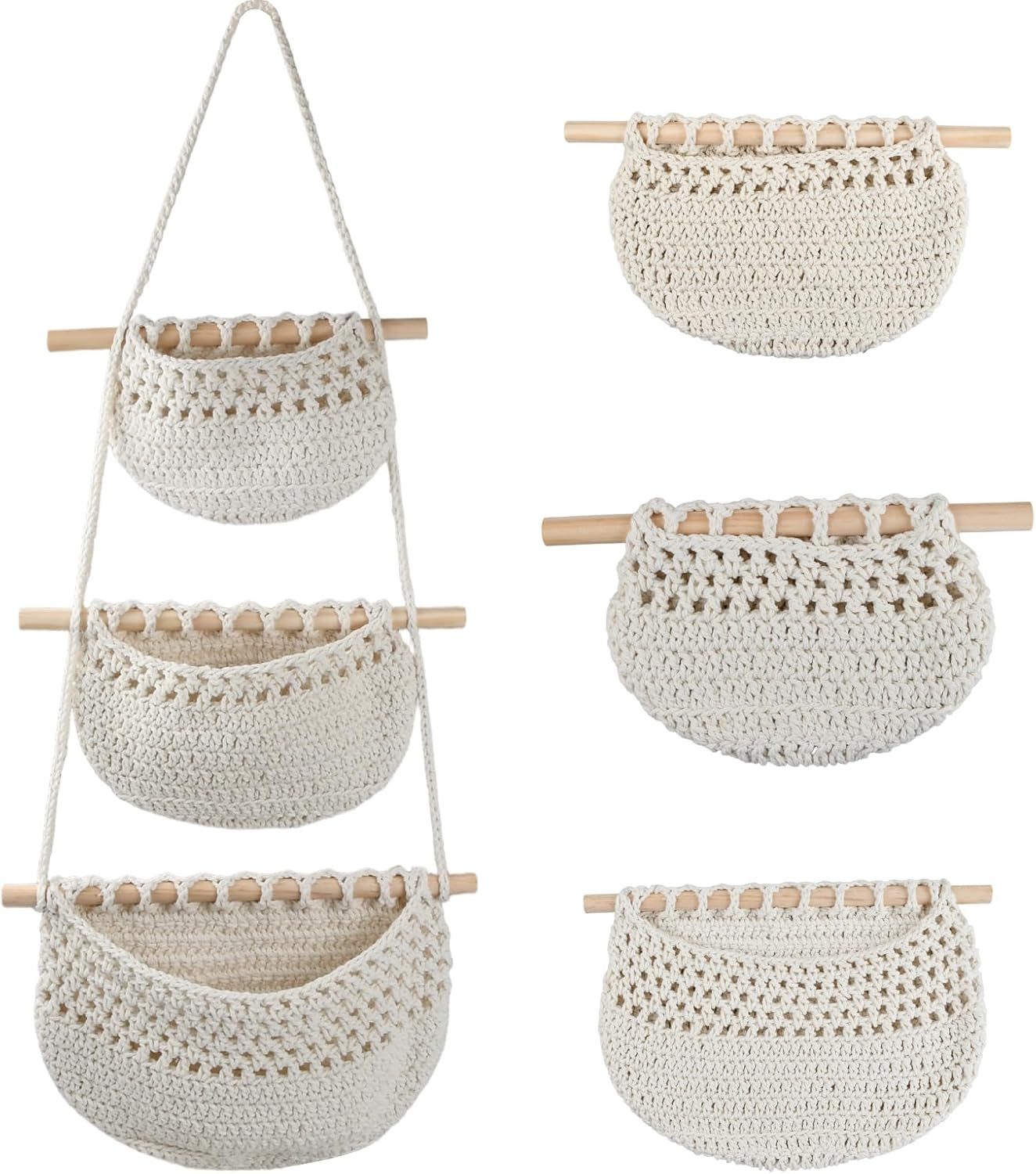 BlingBin Hängekorb Wand Aufbewahrung, 3 Etagen Hängeorganizer Makramee Obstkorb (1er Set, 1 St., 33 x 80 cm), Wand Hängender Organizer für Badezimmer Schlafzimmer, Kinderzimmer