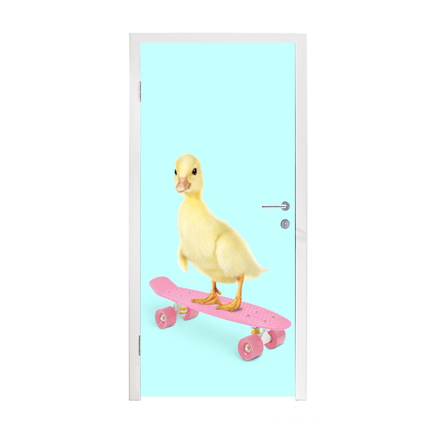MuchoWow Türtapete Ente - Küken - Skateboard - Blau - Rosa, Matt, bedruckt, (1 St), Fototapete für Tür, Türaufkleber, 75x205 cm