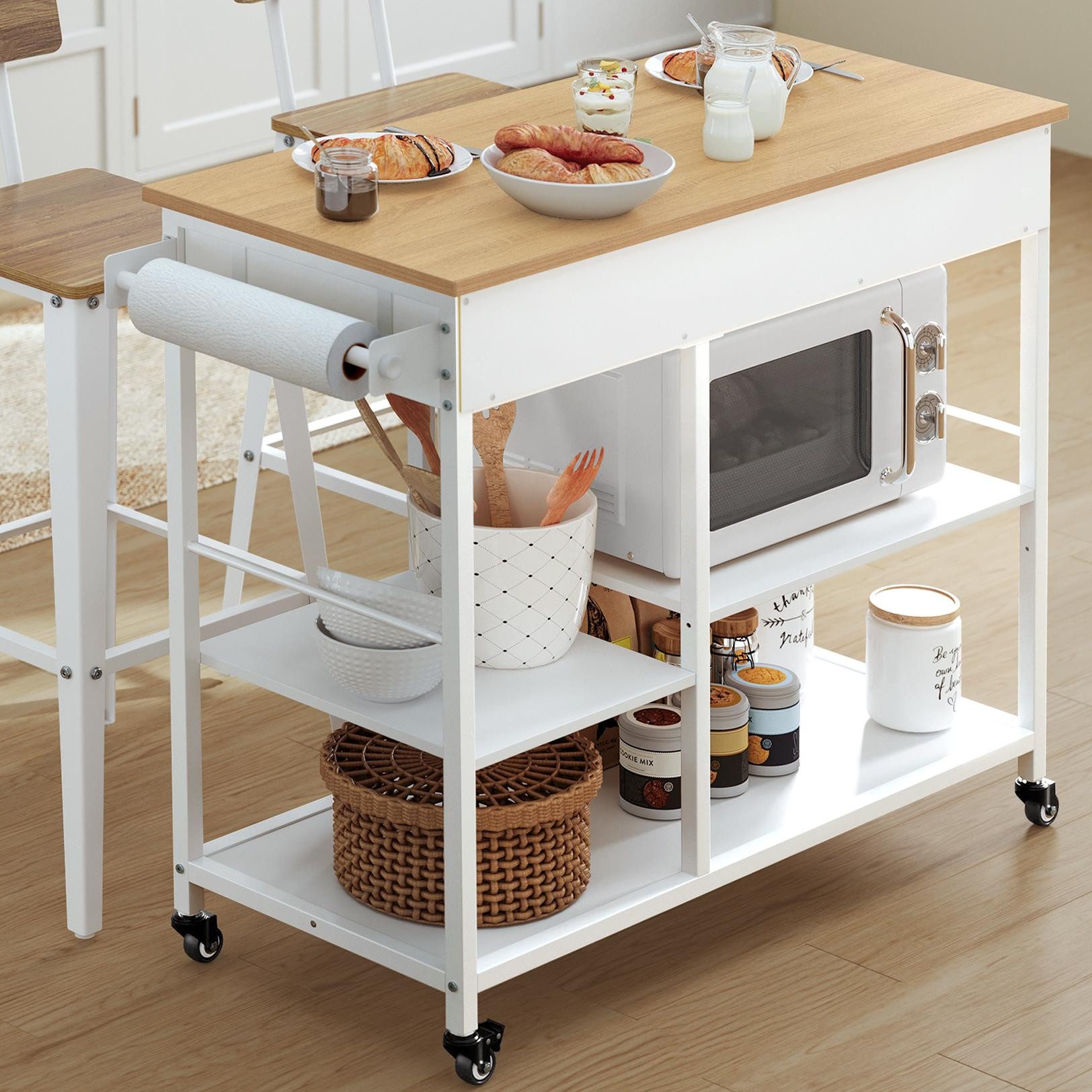 VASAGLE Küchenwagen, Servierwagen, verstellbare Ablagen, 2 Schubladen/Haken