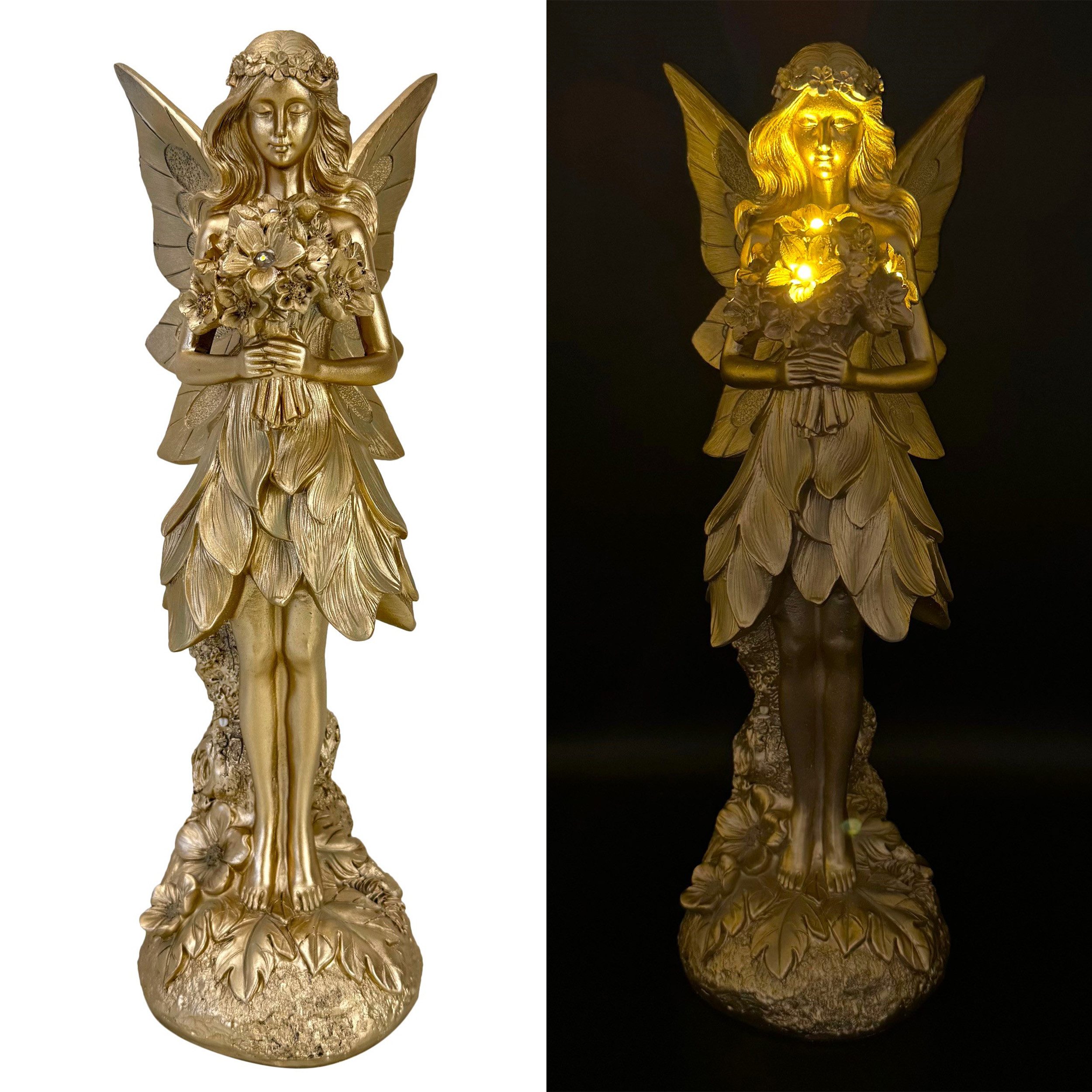 Online-Fuchs Gartenfigur - Goldene Elfe mit LED beleuchteten Blumen, Deko F günstig online kaufen