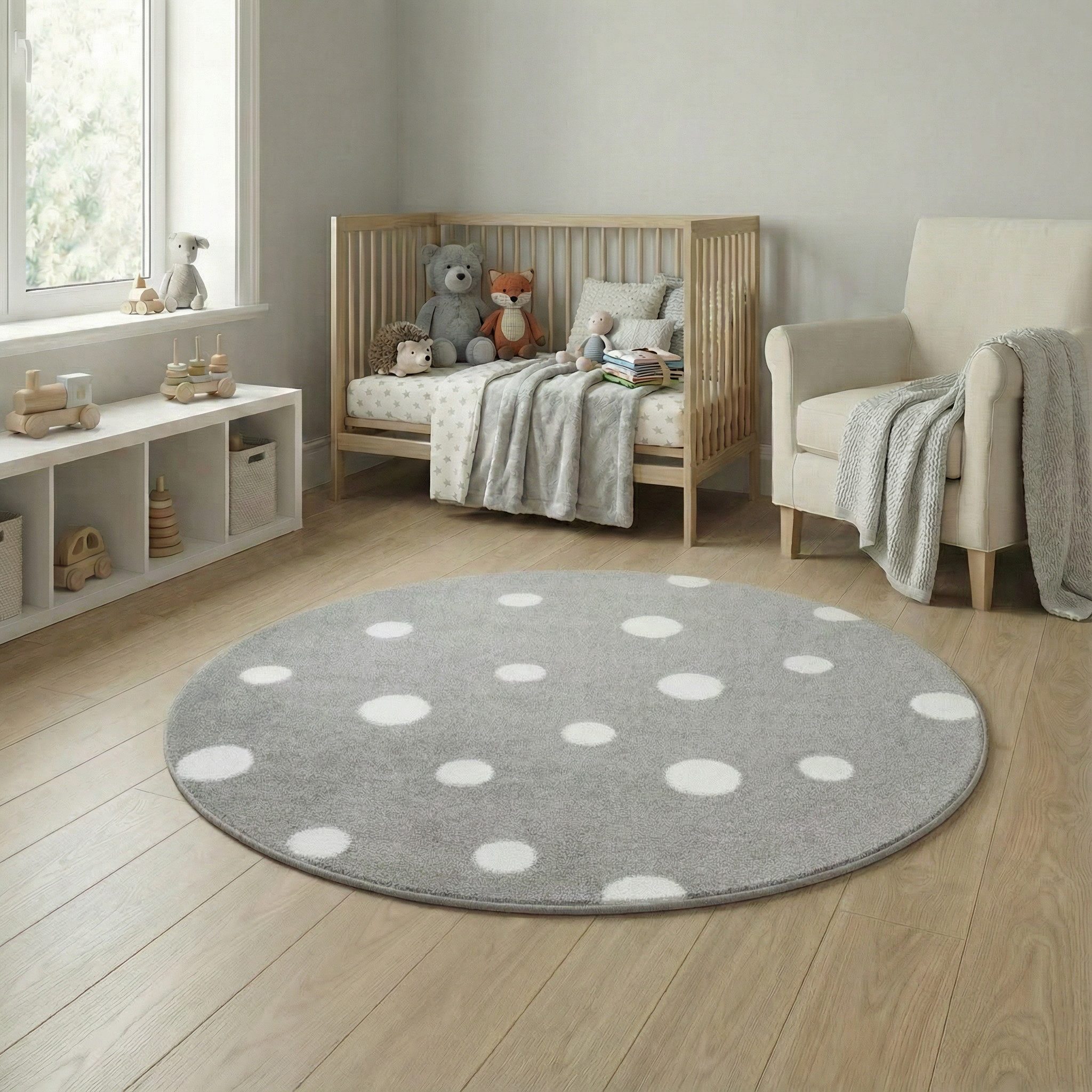 Jimri Kinderteppich DOT´S Teppiche für Kinderzimmer, Kinderzimmerteppich, Teppich, Rund, Regenbogen