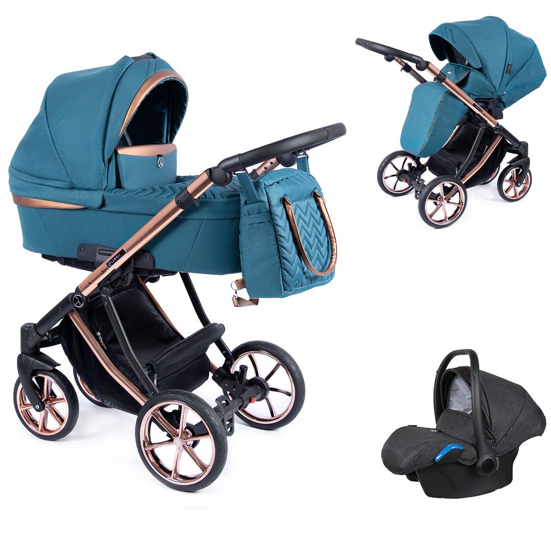 babies-on-wheels Kombi-Kinderwagen 3 in 1 Kinderwagen-Set Dante - 13 Teile - in 16 Farben Türkis = Gestell kupfer