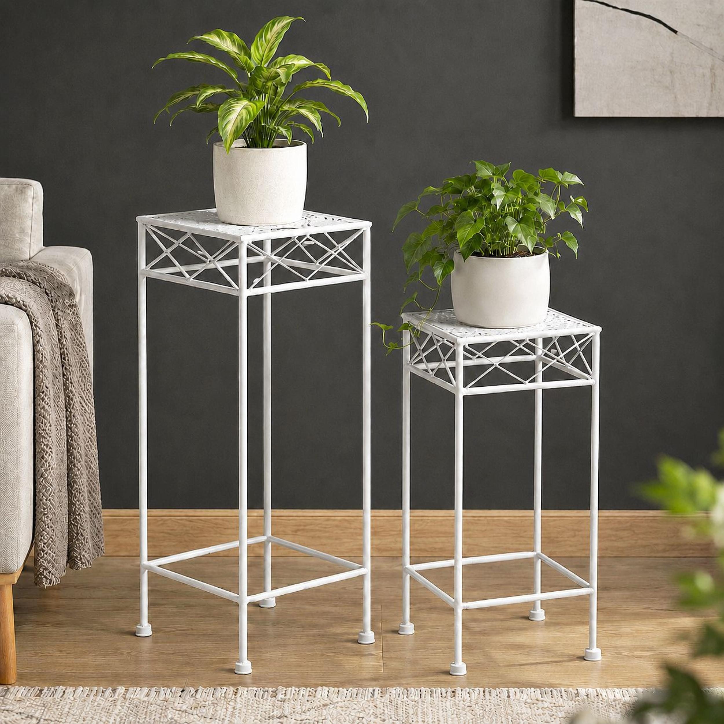 DanDiBo Blumenhocker Weiß Metall Eckig Blumenhocker 2er Set Beistelltisch