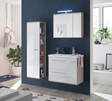 Furn.Design Badmöbel-Set Venni, (Komplett-Set in weiß Hochglanz und Eiche, ca. 130 x 200 cm), inklusive Waschbecken und Beleuchtung