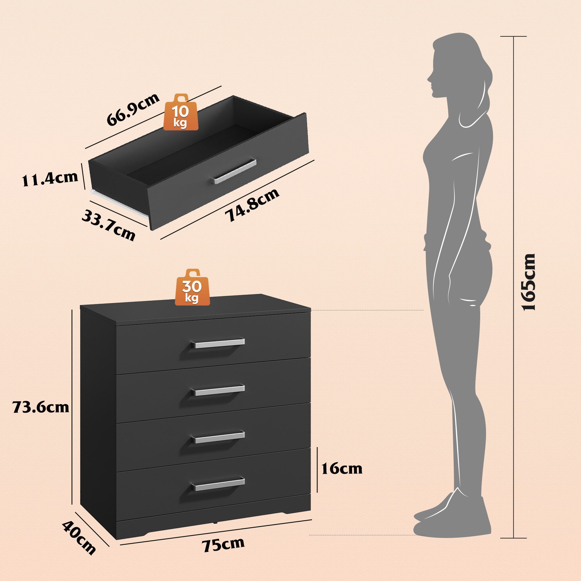 WLIVE Kommode mit 4/5 Schubladen, Moderne Schubladenkommode (Packung, Modernes Sideboard mit 3 Schubladen und 4 Fächern, Breite 75 cm), Vielseitiger Schubladenschrank für Schlafzimmer, Flur & Kinderzimmer