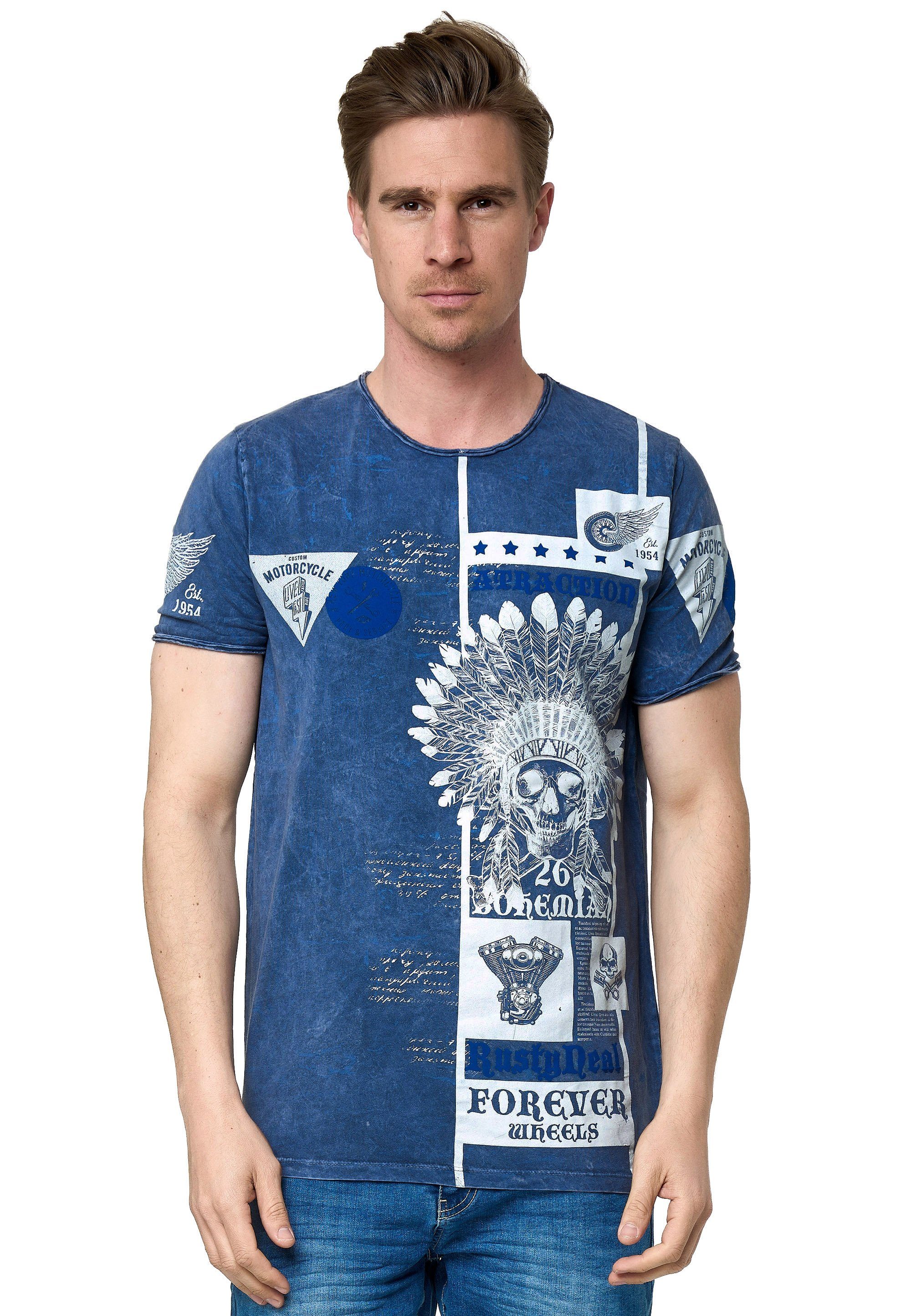 Rusty Neal T-Shirt mit coolem Skull-Print blau
